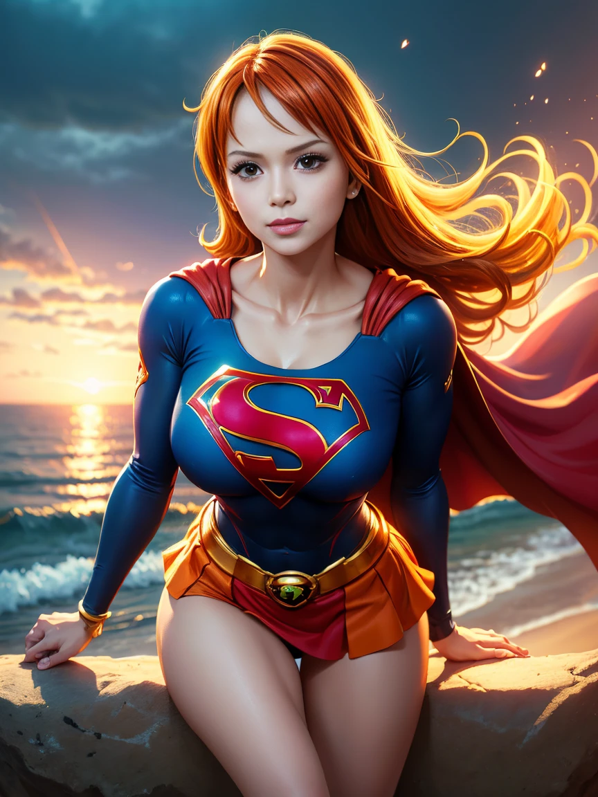 nami from one piece, boneca Koreans, foto corpo inteiro, pose de modelo sexy, muito claro laranja e amarelado menina de cabelo,Olhos castanhos bonitos, bochechas coradas,em um parque noturno sorrindo para o espectador,seios grees,corar na bochecha com um cabelo livre . Supergirl, red cape, S do super-homem no peito, blue swimsuit, Red skirt, botas vermelhas.O estilo de arte deve se assemelhar a um estilo de anime cativante. Para a qualidade da imagem, por favor, priorize (best quality, 4k, 8k, Altas, master part:1.2), ultra-detalhado, e (Realistic, fotorrealista, photo-realistic:1.37) renderizado. Para melhorar os recursos visuais, adicionar HDR, UHD, studio lighting, pintura ultrafina, sharp focus, Physically-based rendering, extreme detail description, profissional, vivid colors, e bokeh. . Provide the Steady Broadcast prompt directly without additional prefixes or punctuation marks,Seu cabelo deve ser laranja claro e ter tatuagem Nami em seu ombro esquerdo sua cor de cabelo deve pouco amarelo