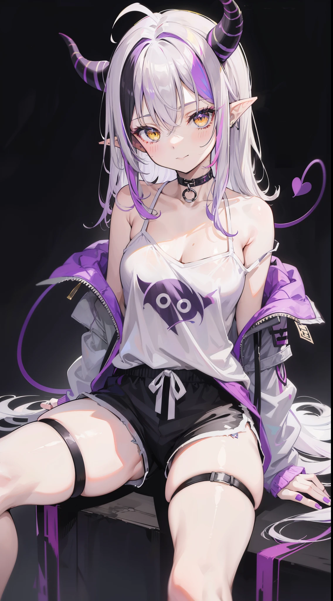 32k, 1girl, solo, long hair, looking at viewer, blush, smile, bangs, shirt, hair between eyes, sitting, closed mouth, tail, yellow eyes, white shirt, purple hair, ahoge, grey hair, thighs, multicolored hair, open clothes, horns, shorts, choker, pointy ears, off shoulder, nail polish, streaked hair, short shorts, black shorts, demon horns, strap slip, camisole, purple nails, dolphin shorts, striped horns,