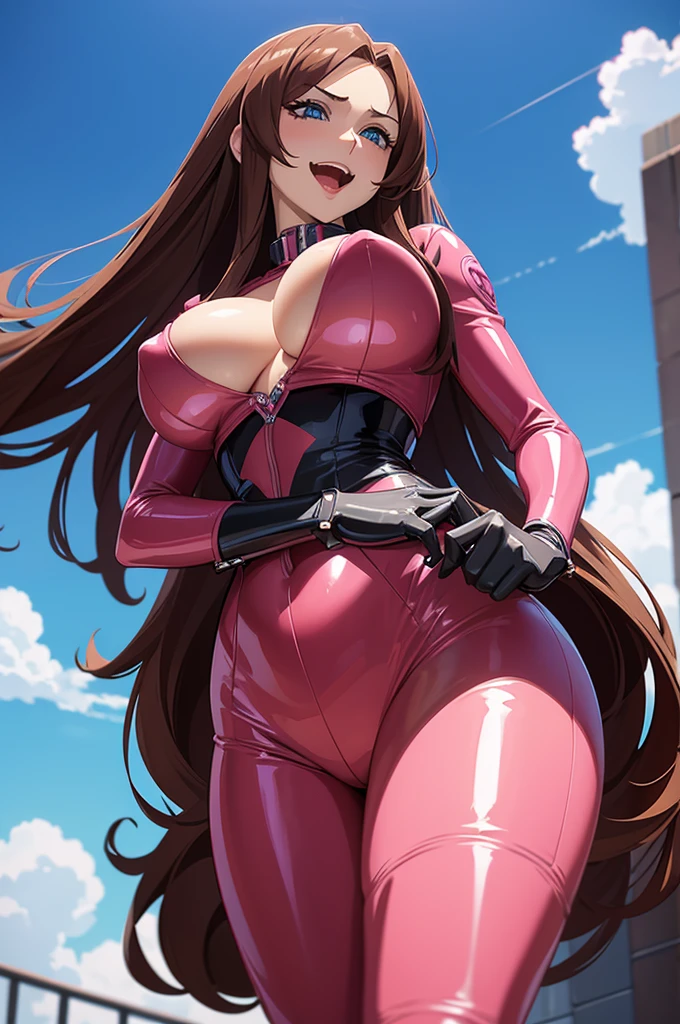 one Rebecca wearing a pink latex suit, long brown hair, blue eyes, large boobs, sexy hourglass figure, dominatrix, view from below her, laughing sadistically, extremely detailed artgerm, beautiful alluring anime woman, seductive anime girl, detailed digital anime art, [ 4 k digital art ]!!