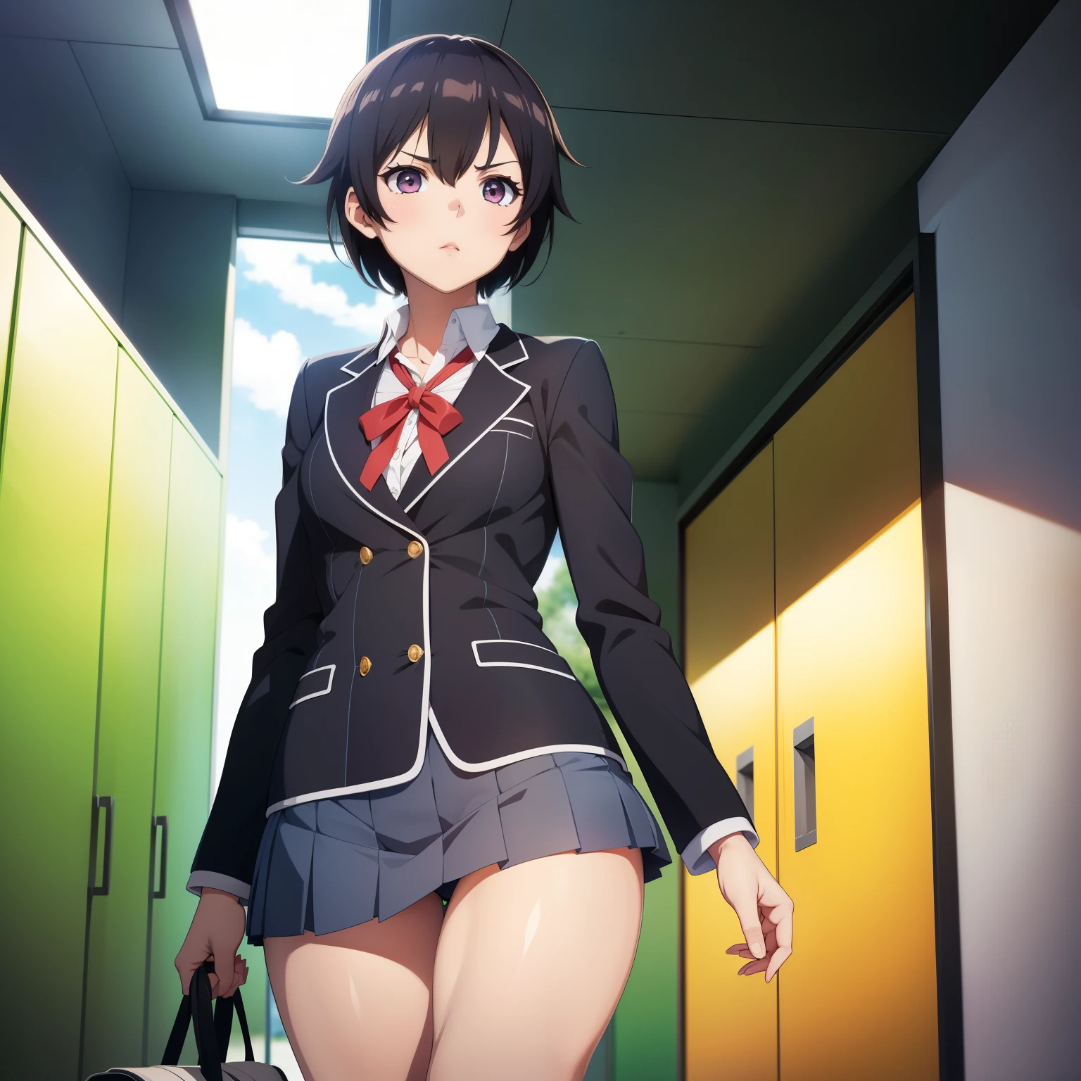 solo, 1girl, looking at viewer, 2D, , chihiro kosaka, , looking at viewer, smile,blazer,miniskirt,socks,my room,(((lift skirt,panties)))