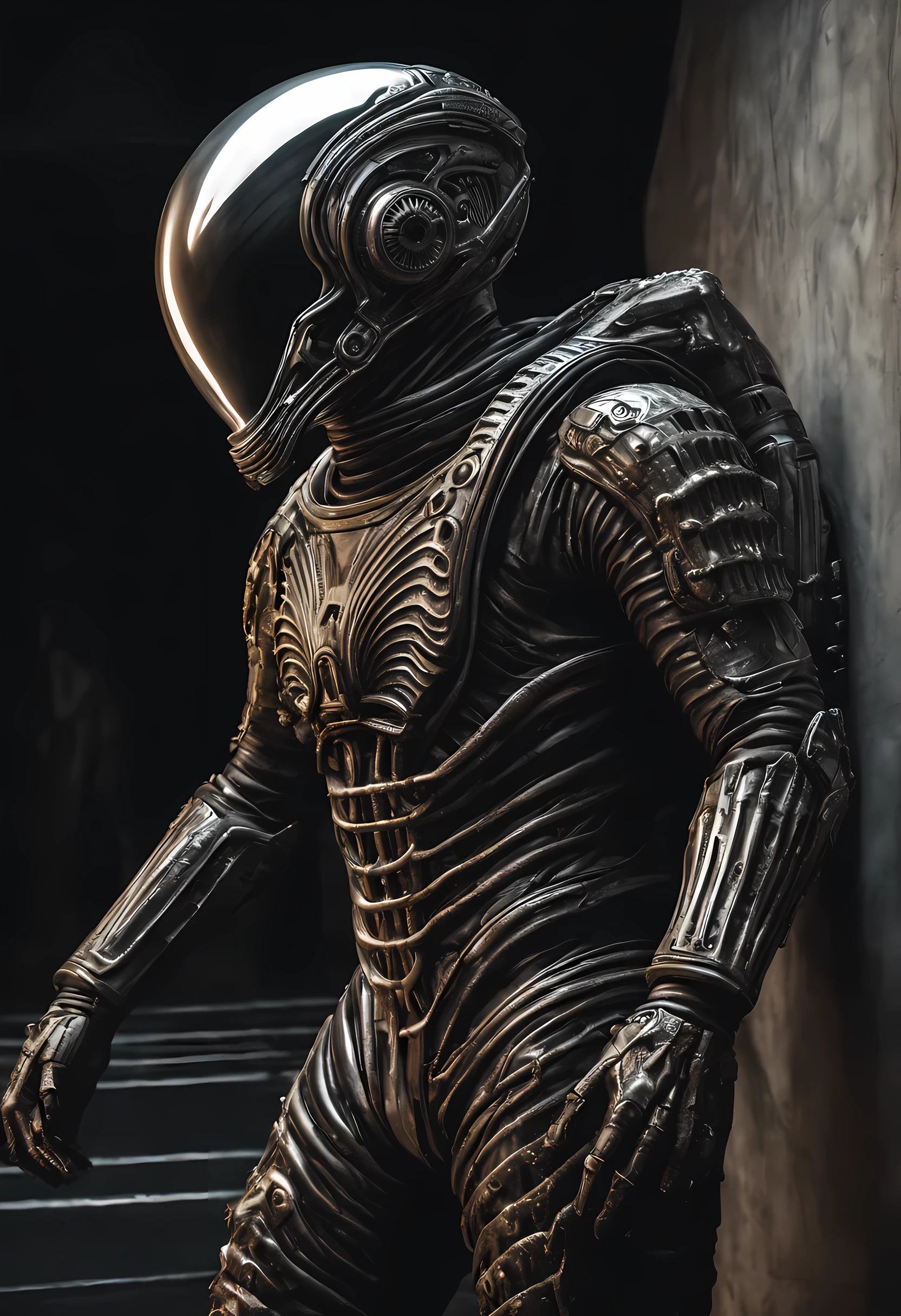  astronaut in asymmetrical xenomorphic biosuits, look with arrogance, pathos in faces and poses, arrogance, look with arrogance, concentrated faces, blasters in hands, night, Moonlight, intense shadows, dark epic, tense postures, Art in the style of Hans Giger, masterpiece, hyperrealistic oil painting, intense glare, dark shadows, hyperrealistic, masterpiece, 8K,