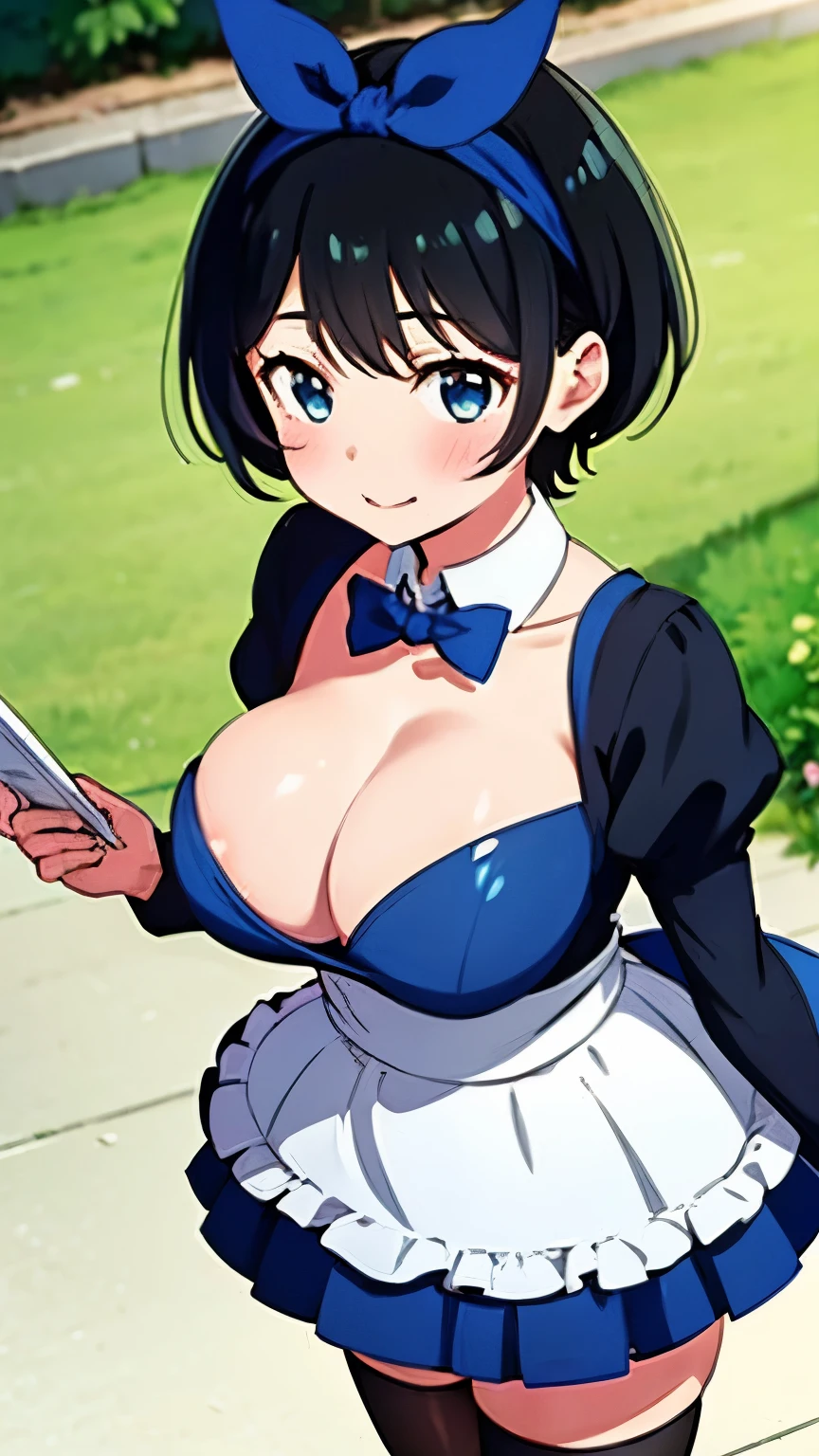 Main piece、high quality、High resolution、1 girl,single, Ruka Sarashina、jewelry、skirt、Maid uniform that exposes the breasts、Japan maid café、black hairの女性、short hair、black hair、black pantyhose, blue eyes, long sleeve, blue hair band, bangs, big full breast, cleavage, Medium waist, medium hips, wide thighs, Cowboy photos, smile, fascinating, embarrassing, blush、lots of people, looking at the viewer,From above、high angle,very big breasts、cleavage、no bra、no panties、no panties、非常に短いskirt、nipple、nippleを出す、nippleからミルクが吹き出す、nippleからミルクが滴る、whole body、whole photo、put one's chest on a tray、put one's chest on a tray
