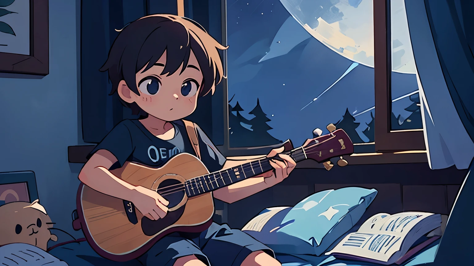 obra de arte,melhor qualidade,A boy playing guitar, dormindo debaixo de um cobertor,quarto aconchegante,Night sky