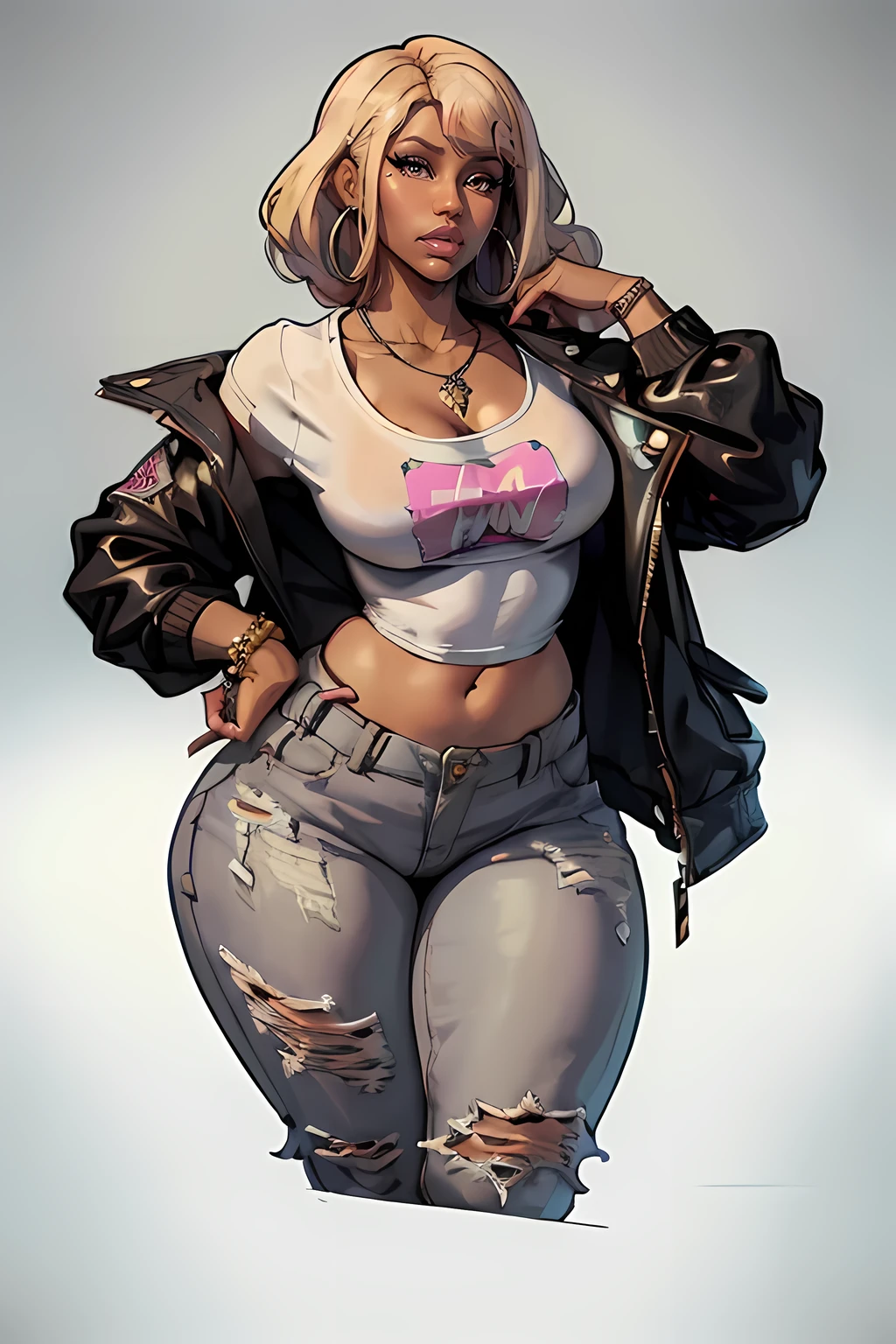 (masterpiece), (best quality), ((Nicki Minaj)), makeup, (brown skinned female), ((small breasts:1:1)), ((chubby)), hair with bangs, bomber jacket, t-shirt, ripped jeans, jewelry, necklace, ripped jeans, deep cleavage, fashion ((grey background)), contoured