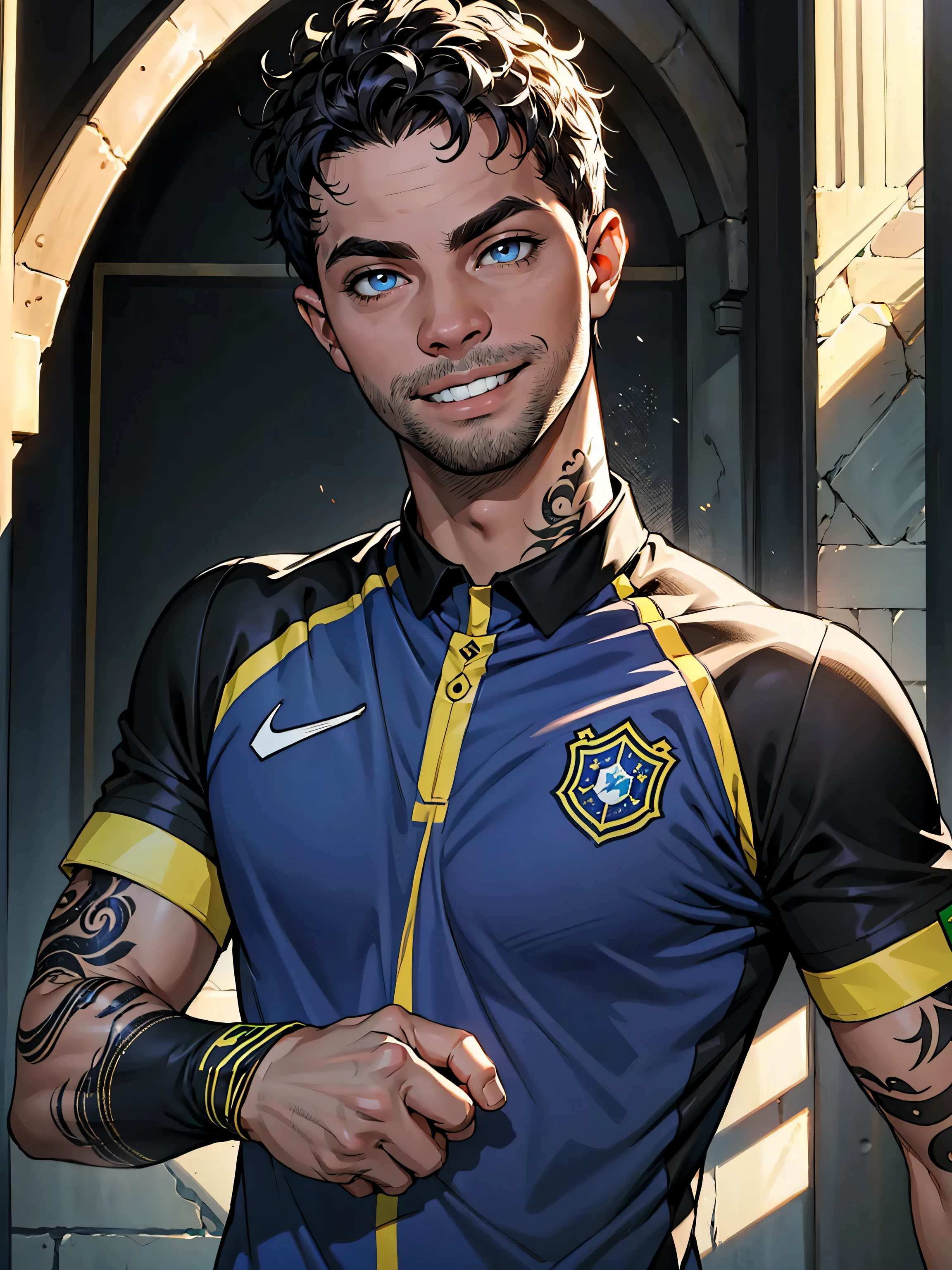 ((PivaArts)) Homem jovem, cabelo preto e azul escuro, uniforme de jogador de futebol, sorriso, alto, Lindos olhos castanhos, cabelo curto, Cabelo encaracolado, tattoo on arm, evil eyes, evil sorriso, olhos lindos, brasil, Mais detalhes.