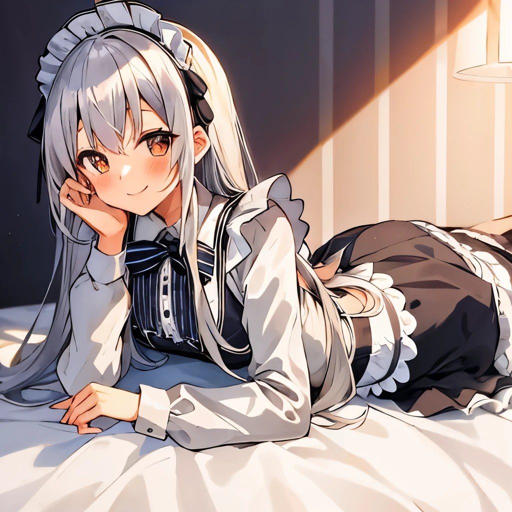 rating:safe, 1girl, smile, long_hair, solo, striped, blush, silver_hair, looking_at_viewer, maid, bangs, dress, frills, blunt_bangs, long_sleeves, vertical_stripes, on_stomach