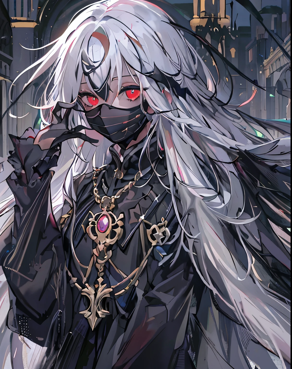 girl，黑色Face mask，Looking into the distance from the castle，alone，masterpiece，best quality，white hair，golden eyes，Blackening，dark，shadow thing，douchebag，sneering，overlooking，Black shadow，Black viscous liquid，gloomy，Black belly，steady，Face mask，cloak，girl，masterpiece, best quality, best quality,amazing,beautiful red eyes,Exquisite details,depth of field,Extremely detailed CG unified 8k wallpaper, masterpiece,(((dark white hair))),leader,(dark mist),{flowing hair},{thick skull},(Ruins of beautiful details),{Character close-up},(((whole body))),(The skin is smooth and shiny),(smooth face、radiant hair),perfect details,Beautiful ornate medal