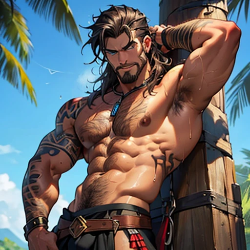 anthropomorphic, red lion, hairy, brown mane (black belly skin with tribal tattoos on face and shoulders, muscular male body, wet body, hot, pose, leaning on tree, hairy armpit, (wearing medieval armor), harness, has a big bulge, sweaty, blue eyes, showing his fangs in a naughty way