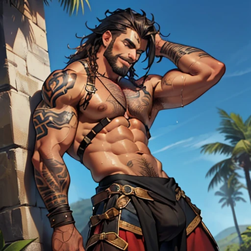 anthropomorphic, red lion, hairy, brown mane (black belly skin with tribal tattoos on face and shoulders, muscular male body, wet body, hot, pose, leaning on tree, hairy armpit, (wearing medieval armor), harness, has a big bulge, sweaty, blue eyes, showing his fangs in a naughty way