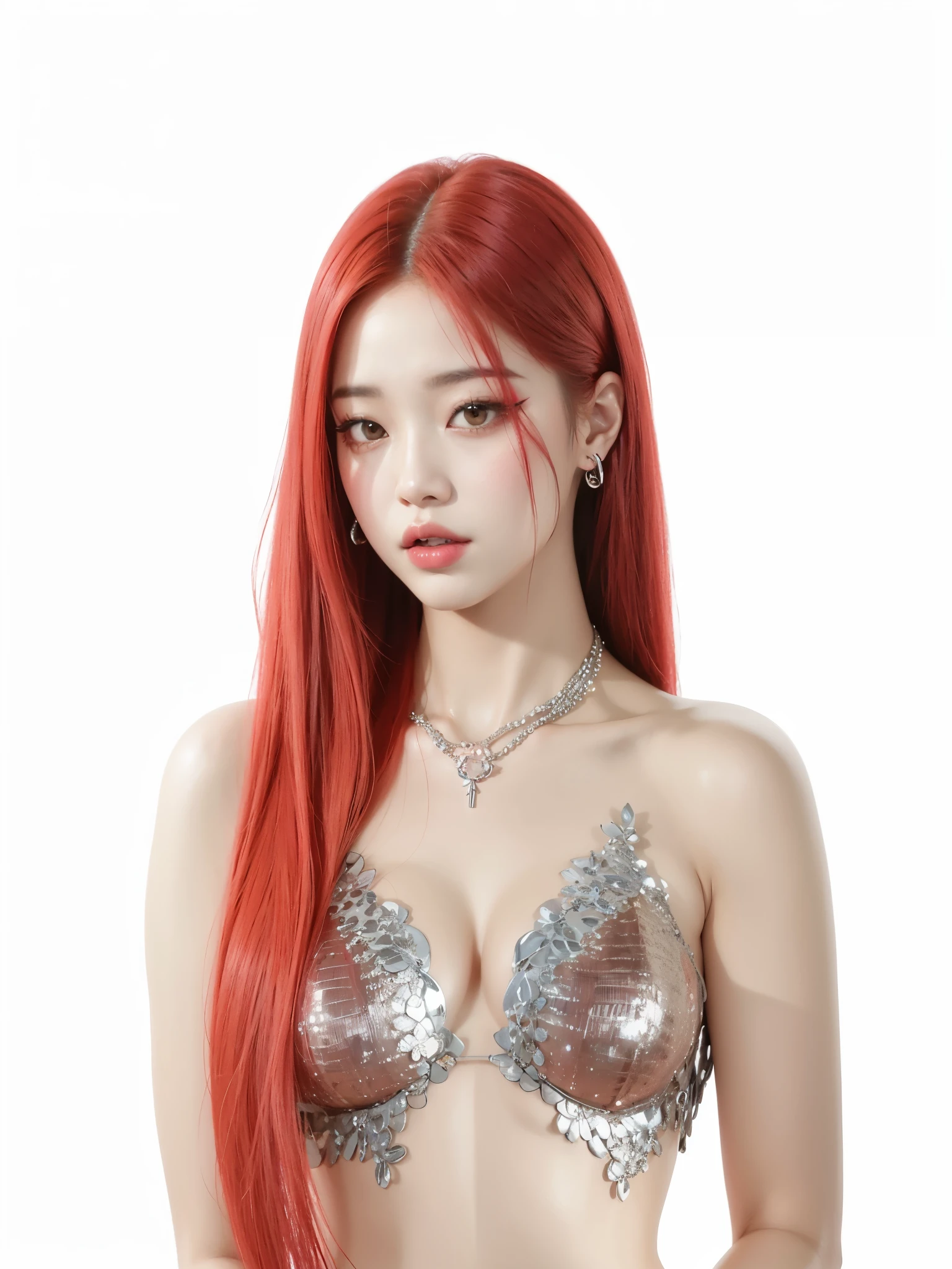 arafed asian woman with red hair and silver bralet posing, portrait of jossi of blackpink, render of april, jossi of blackpink, roseanne park of blackpink, portrait jisoo blackpink, blackpink jennie, portrait of female korean idol, jinyoung shin, render of mirabel madrigal, heonhwa choe, with long red hair, jisoo from blackpink