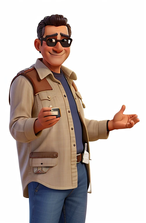 Man 50 years old, delgado, piel clara, pelo corto con copete, lentes obscuros, sonriendo, camisa tipo explorador, estilo Disney Pixar, mejor calidad.