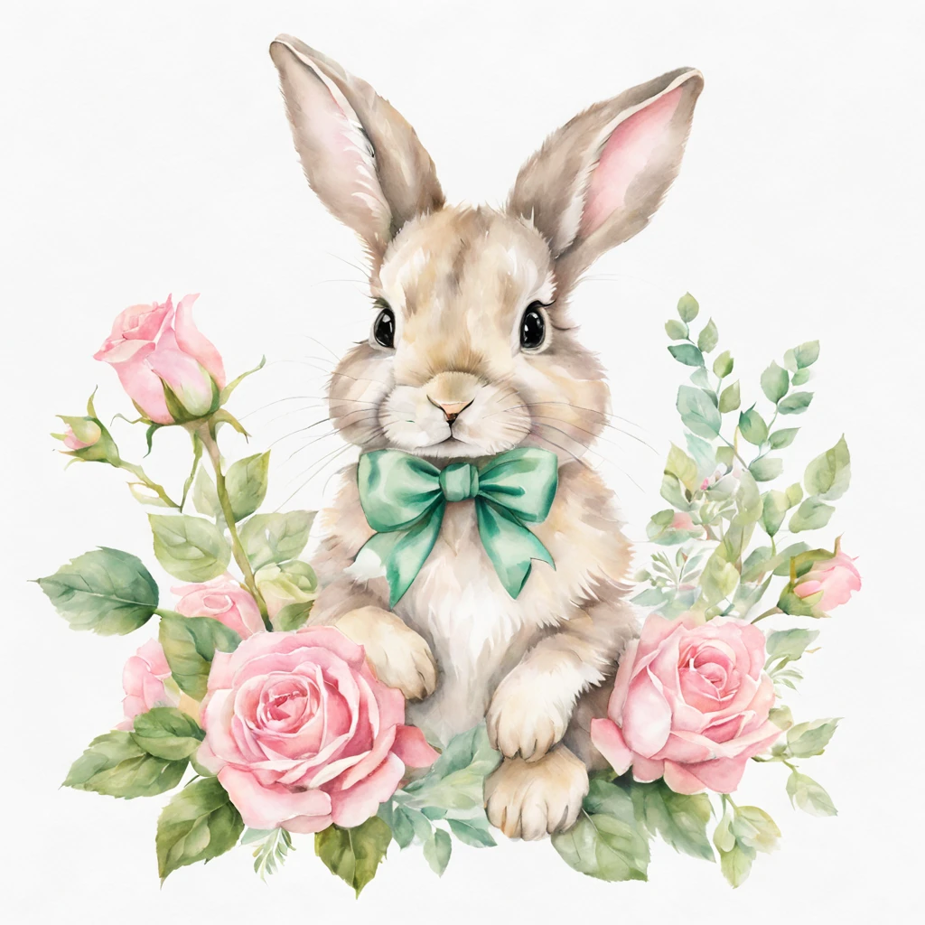 Beautiful cute baby bunny holding a bouquet of pink roses in her paws, neck bow, floral garden, beautiful, baroque, ultra realistic, realistic watercolor+pencil, abstract background, filigree, high octane, green, grey, emerald, gold, minty