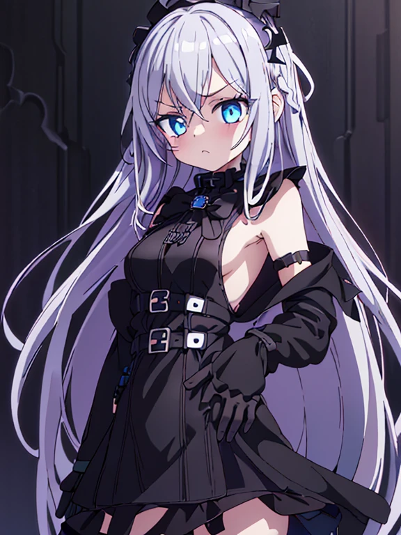 best quality,[[[[[[[[extra limbs]]]]]]]],[[[[extra digit]]]],[[[[fewer digit]]]],(1girl),(woman),full body,((((wariza)))),pale skin,(petite),silver hair,((long hair)),straight hair,[[[hair band]]],blue eyes,blush,(((small breasts))),(((gothic sundress))),(bare shoulders)),((((((black trench coat)))))),((frilled skirt)),(black platform boots),((elbow gloves)),megami magazine,