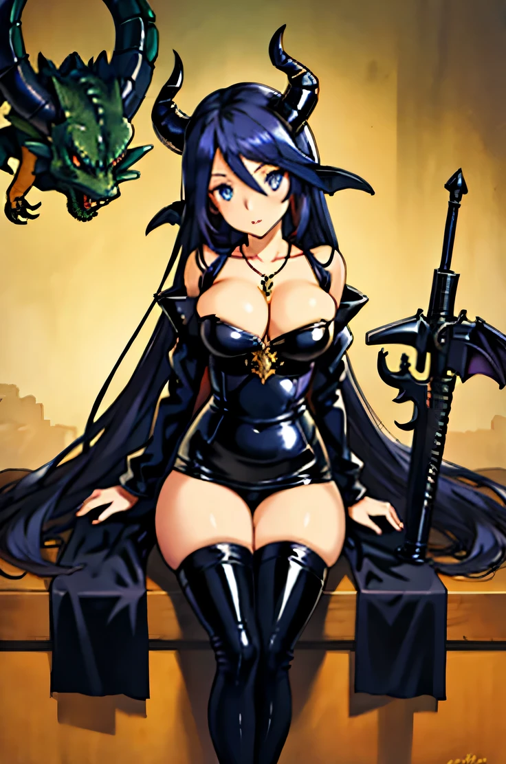 1girl, beautiful face, big eyes, blue eyes, wide hips ,thighs, in a assassin black latex outfit, dragon horns, long black flowing hair, dragon wings, chrome heart jewelry, necklace, looking at viewer, high quality 