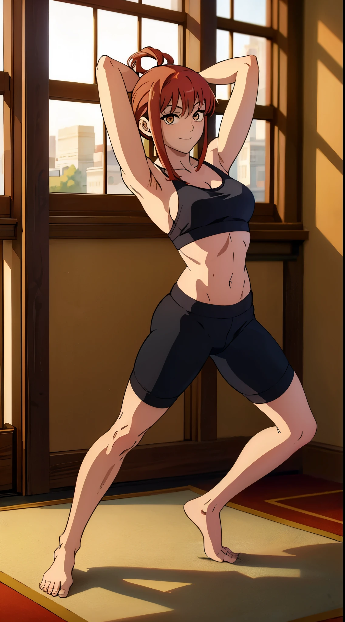 masterpiece, detailed, (makima:1.2), ringed eyes, red hair, stending on yoga carpet, full body, detailed body, athletic body, no clothes on, wearing sport bra, wearing yoga pants, stretches, smiling, warm sunlight from windows