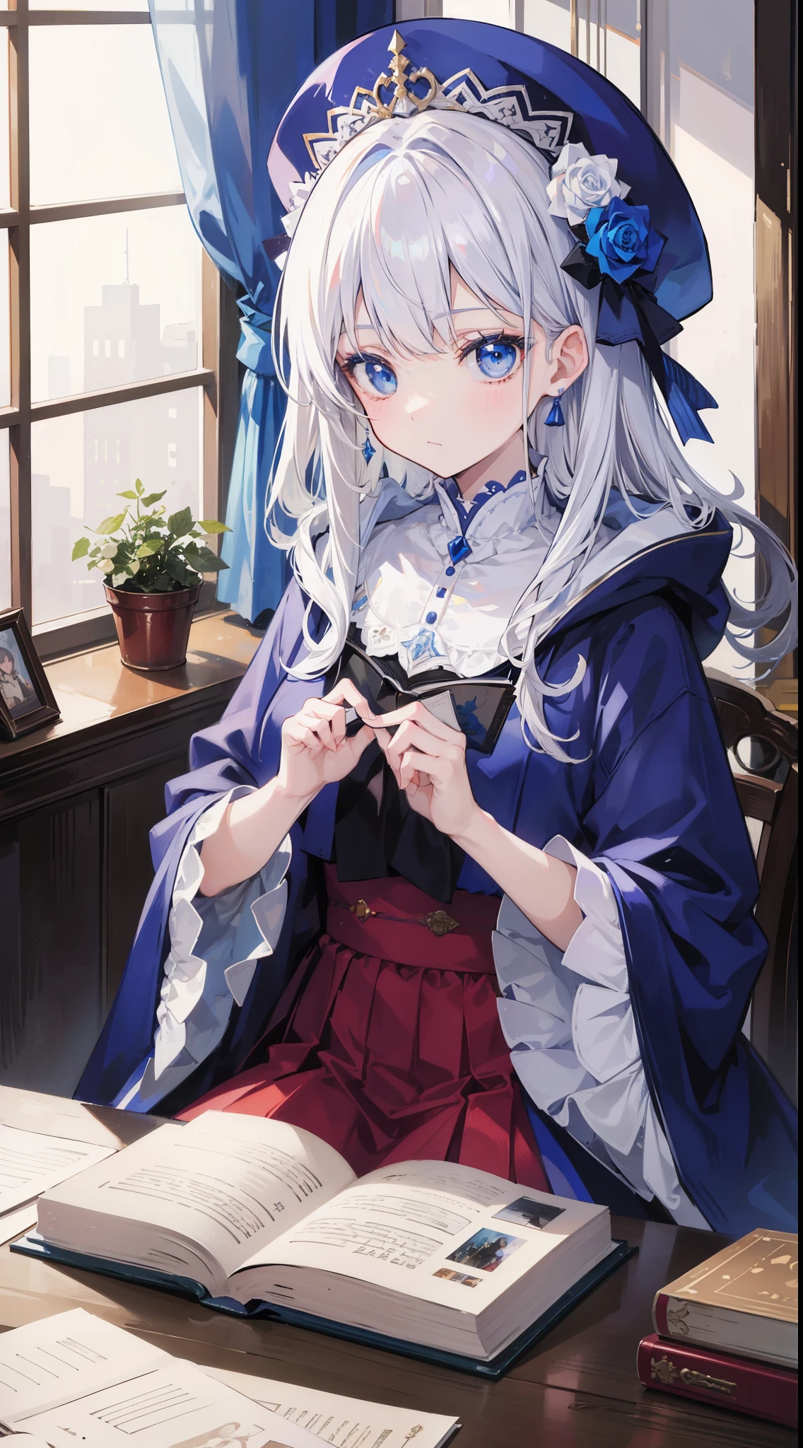 32k, 1girl, solo, looking at viewer, bangs, blue eyes, hair ornament, long sleeves, hat, holding, sitting, closed mouth, flower, white hair, hood, wide sleeves, book, rose, blue bow, robe, paper, open book, candle, quill, candlestand,
