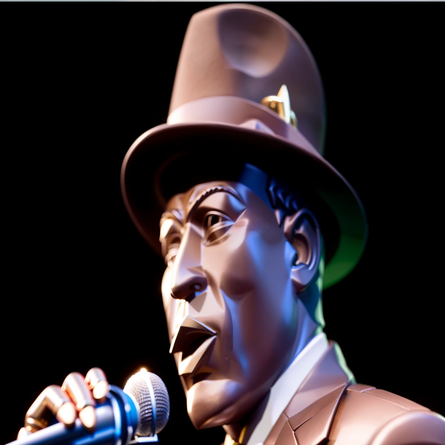 Escultura de ouro, sharp man in hat and suit holding a microphone