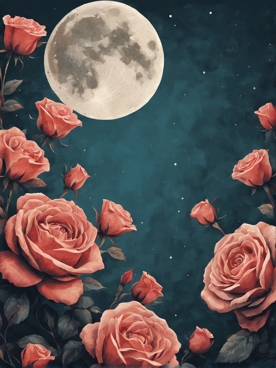 moon profile, Halftone pattern, Editorial illustration of blooming roses, highly textured, жанрообразующий коллаж в смешанной технике и крайний абсурдизм в сочетании с award-winning Halftone pattern illustration, smooth shapes, subtle shadow, texture, minimal color scheme, Inspired by Zdzisław Beksinski., Jacob Lawrence and Francis Picabia, perfect composition