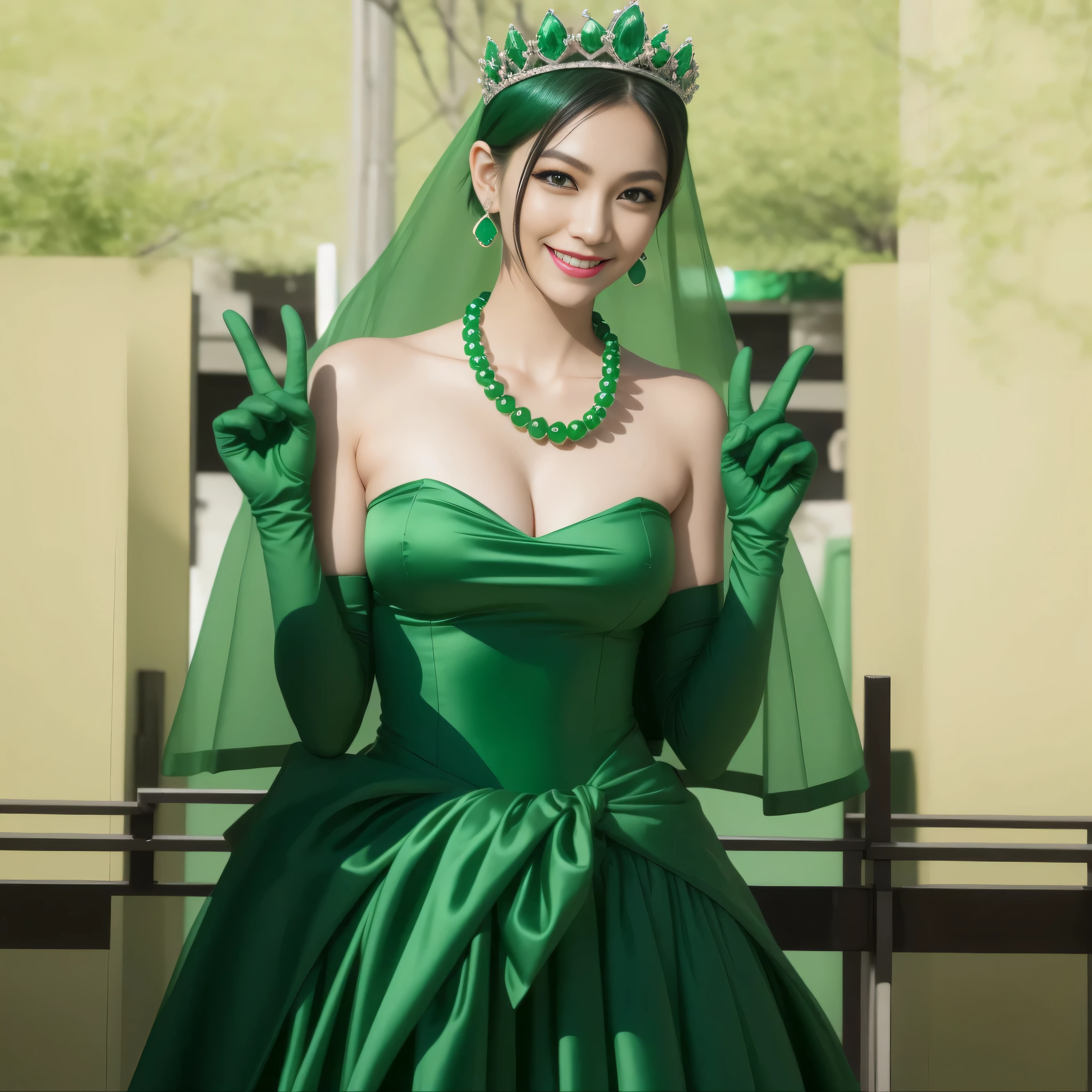 emerald tiara, green pearl necklace, boyish very short green hair, lipstick, smiling Japanese woman, very short hair, big breasts beautiful, green eyes, Long Green Satin Gloves, green eyes, V sign, emerald earrings, green veil
