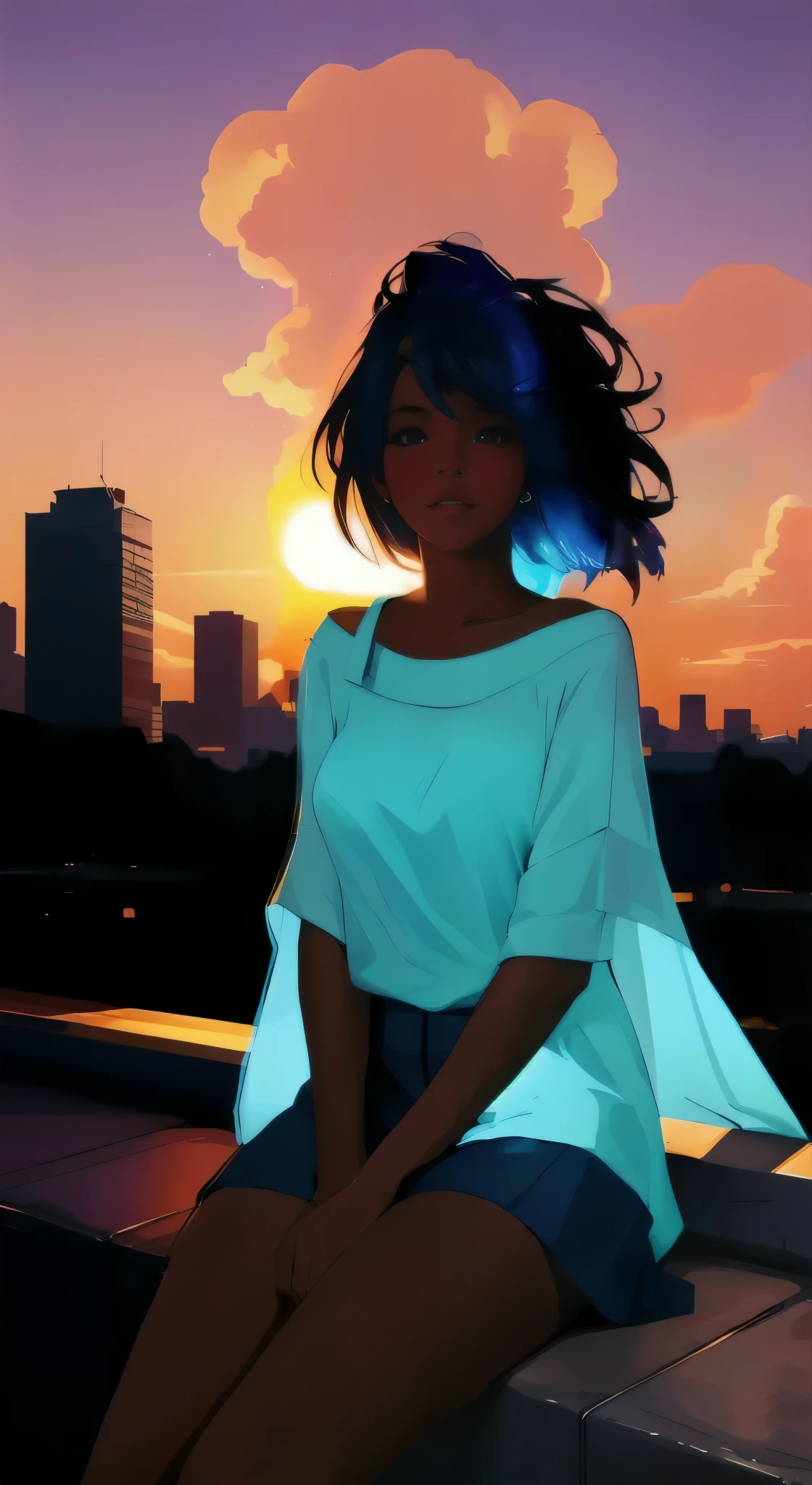 Pretty woman with dark skin sitting on a hillside by water, ((soft styled black hair with glowing blue highlights)), ebony nose and big dark brown eyes, african american , 1girl sitting on a dark gray ledge with the gorgeous sunrise in the background with pink clouds, color scheme of purple, pink, orange, lanterns adding to the electric blue illumination of her soft wispy hair, water has a blue glow, clearly defined features, funkypop, cyberdelic, grunge, manga character, hyperrealistic black anime illustration, lofi art, luminism, medium shot, attention to details, depth of field, chemiluminescence, soft background lens flare, flourescent light, character design, atey ghailan, basquiat, colorful_frequencies, electric colors, swirling cloud around a beautiful sunrise, dynamic pose, nouveau realisme, city background, flawless masterpiece, best quality, HD, 8K