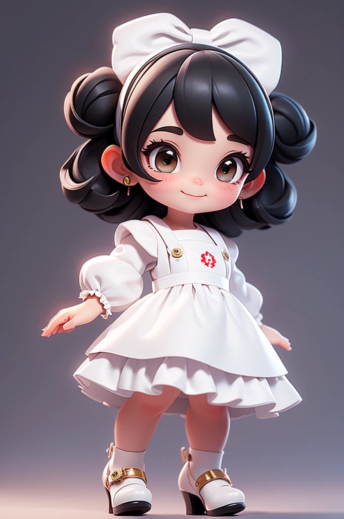 masterpiece, best quality, a cute chibi girl smiling, ((black)) hair, (((white pinafore dress))), (((short puffy sleeves shirt))), white hairbow, shite socks, (((black))) mary jane pumps, school backpack, (((full body)))