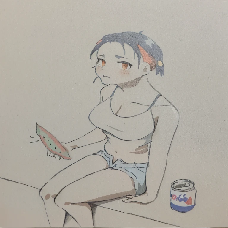 Painting of a woman with orange eyes sitting on a ledge, Denim shorts，blue，big white legs，Pepsi，High quality anime pictures，Shyness blush，eating watermelon，summer