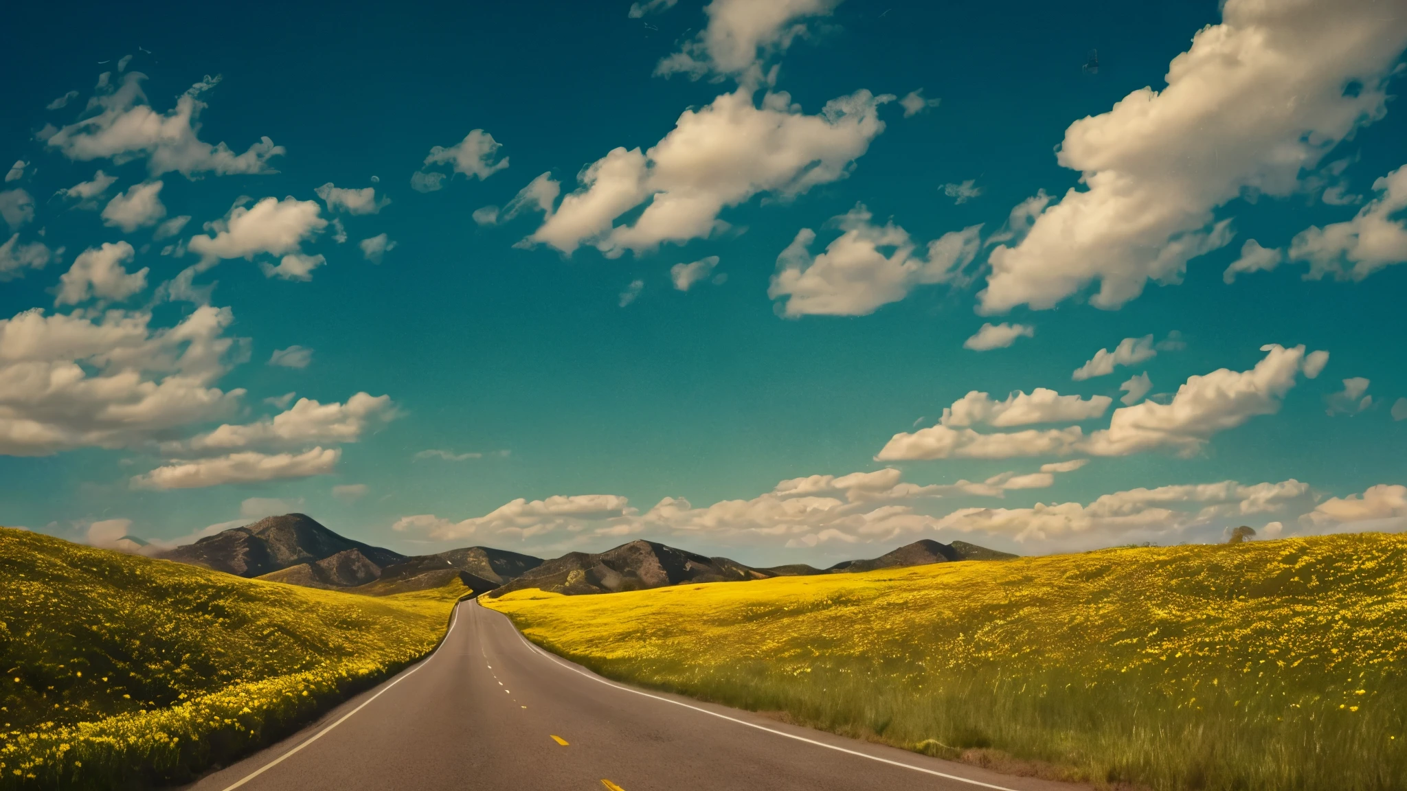 morning,summertime,Uphill highway leading to the horizon,The road is lined with green grass,flowers bloom,Blue sky,There is no cloud, beautiful new mexico, Realistic,Big sky, amazing views,black hair, Surrealism, cinematic lighting, 8k, super detail, masterpiece, ccurate, 16k, high quality, high details
