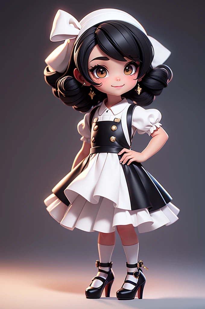 masterpiece, best quality, a cute chibi girl smiling, (((black hair))), (((white pinafore dress))), (((short puffy sleeves))), white hairbow, white socks, (((black mary jane pumps))), school backpack, (((full body)))