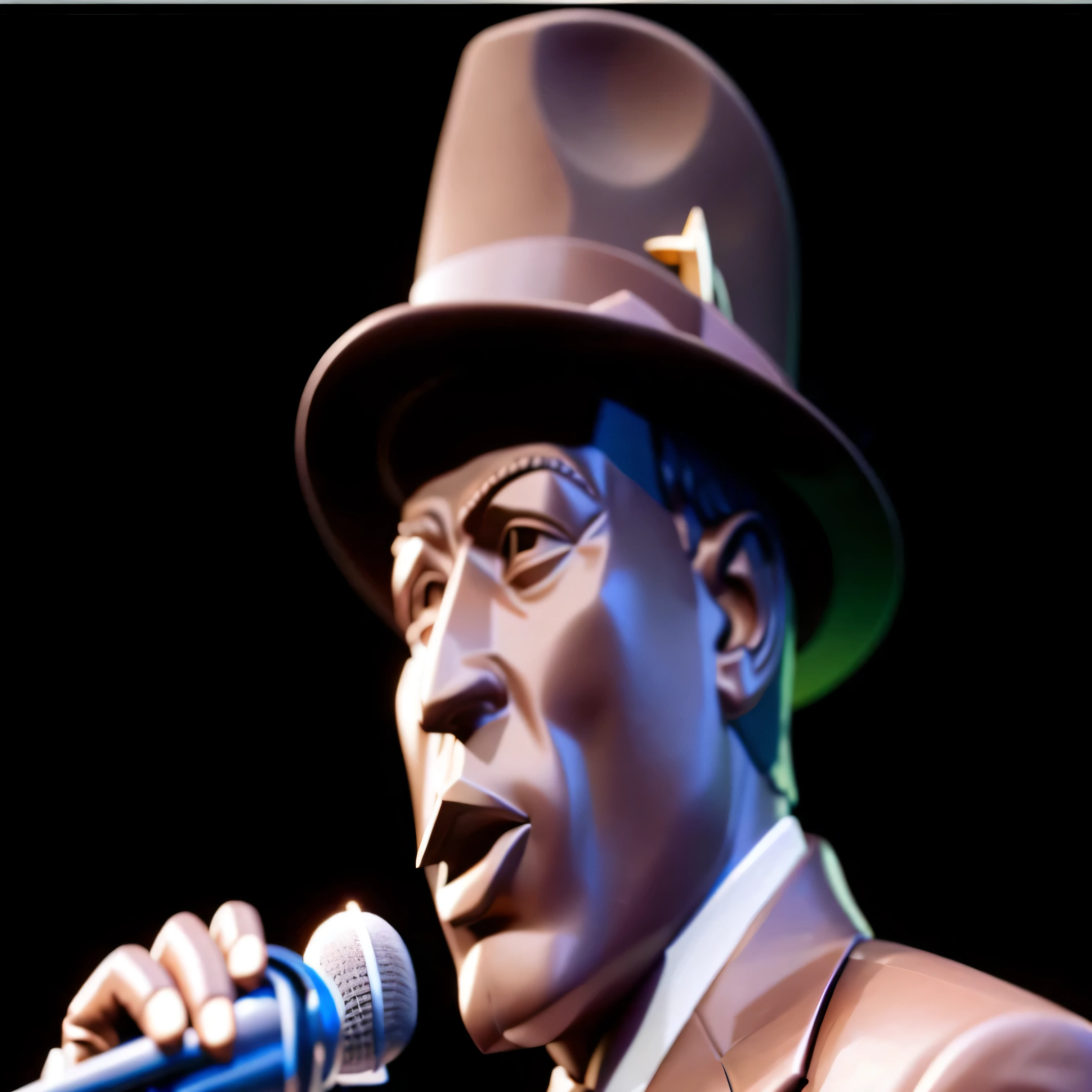 Escultura de ouro, smart man in a hat and suit holding a microphone