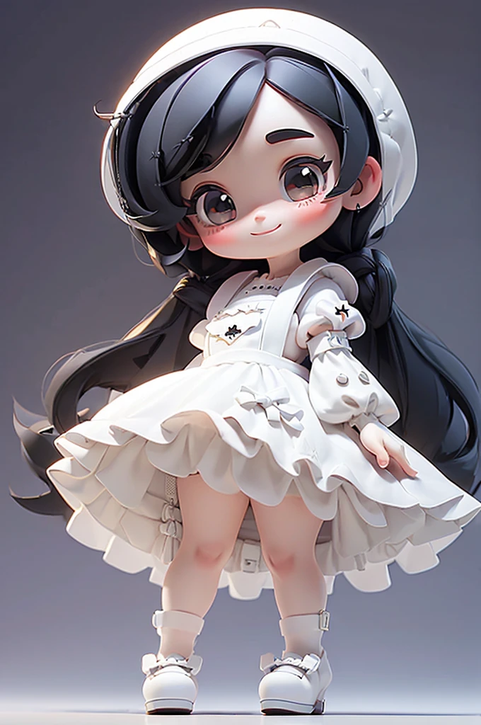masterpiece, best quality, a cute chibi girl smiling, (((black hair))), (((white pinafore dress))), (((short))) puffy sleeves, white hairbow, white socks, (((black mary jane pumps))), school backpack, (((full body)))