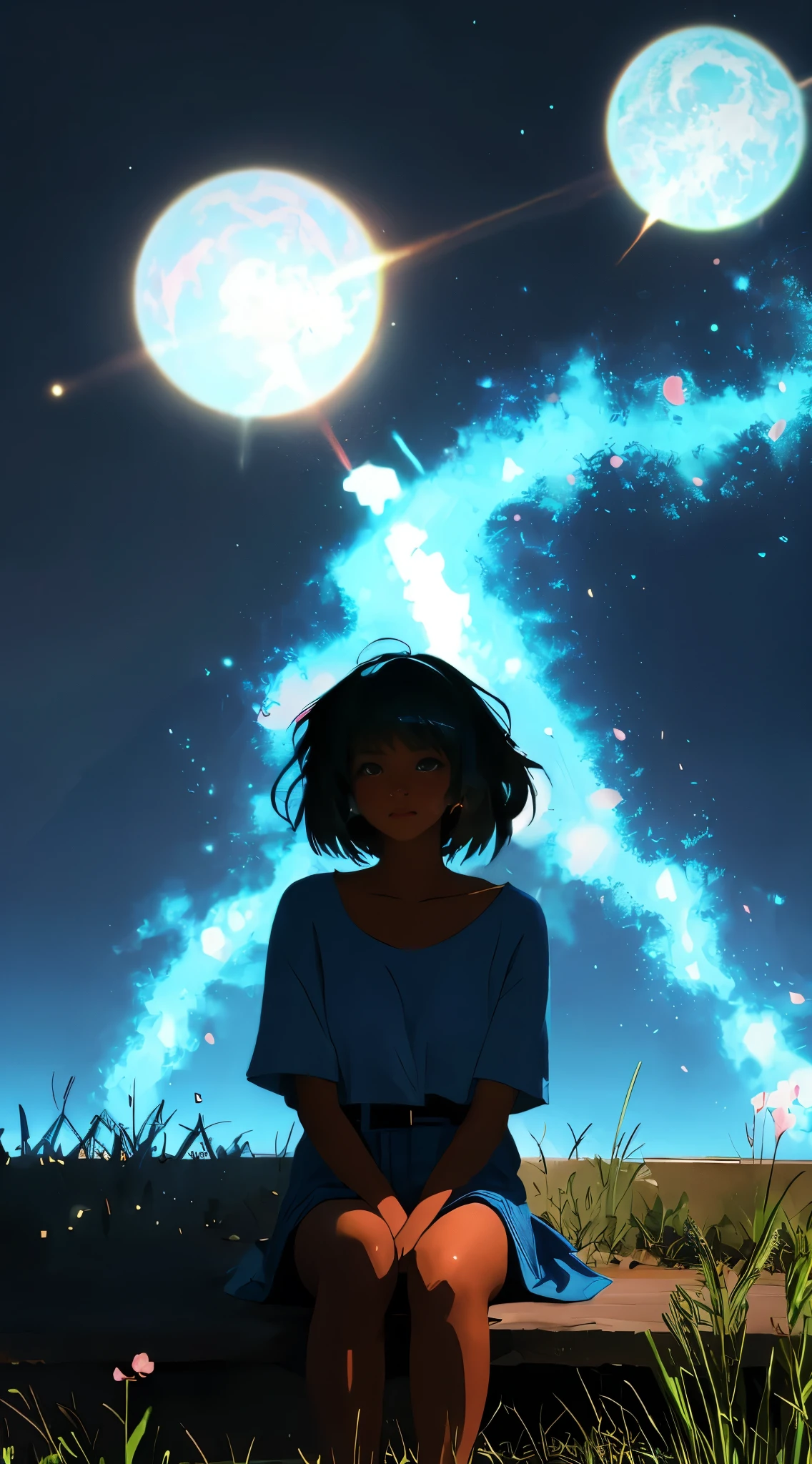 Pretty woman with dark skin sitting on a hillside by water, ((soft styled black hair with glowing blue highlights)), ebony nose and big dark brown eyes, african american , 1girl sitting on a dark gray ledge with the gorgeous sunrise in the background with galaxy nebula with clouds, gradient blue color scheme adding to the electric blue illumination of her soft wispy hair, clearly defined features, funkypop, cyberdelic, grunge, manga character, hyperrealistic black anime illustration, lofi art, luminism, medium shot, attention to details, depth of field, chemiluminescence, flourescent light, character design, atey ghailan, basquiat, colorful_frequencies, electric colors, swirling cloud around a beautiful sunrise, dynamic pose, nouveau realisme, city background, flawless masterpiece, best quality, HD, 8K