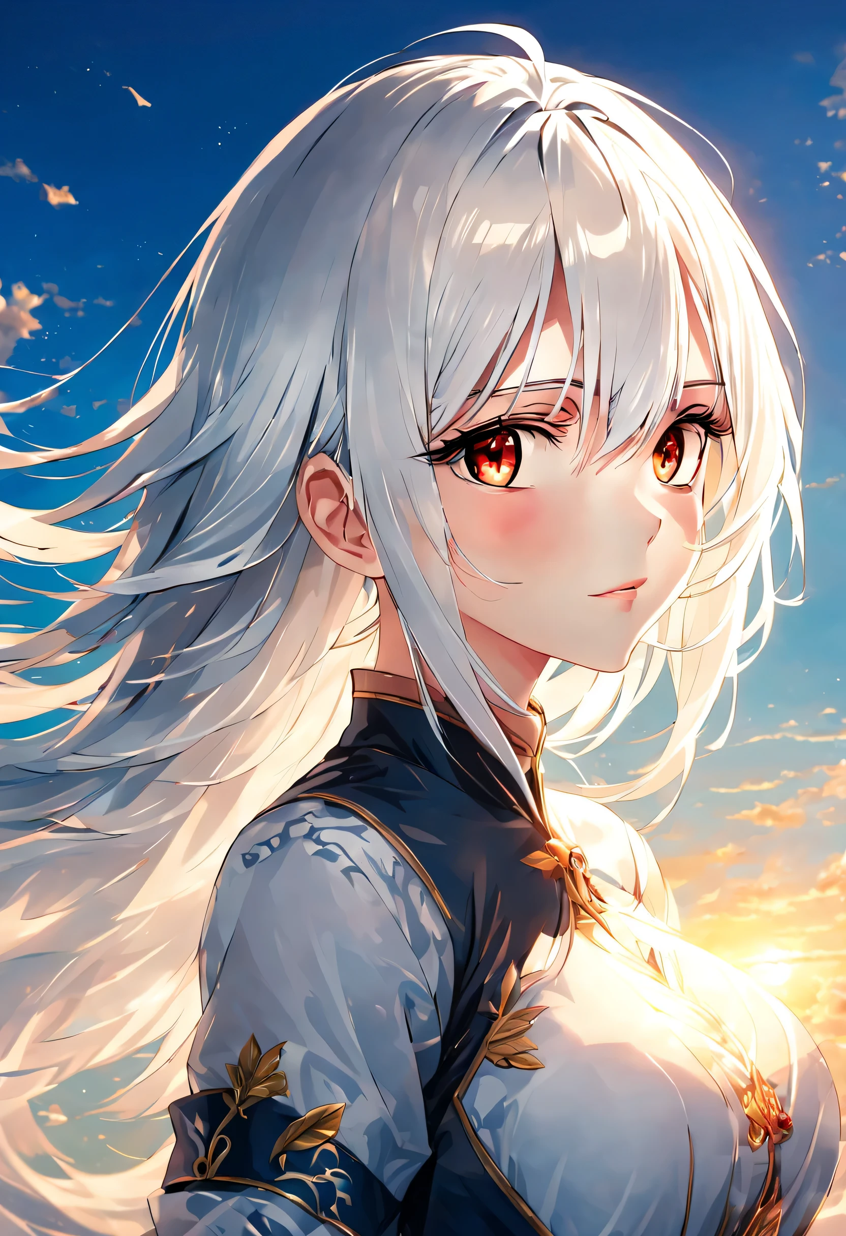 (Detailed face, Detailed eyes, 8K wallpaper, ultra detailed, beautiful and aesthetically pleasing, perfect lighting, 16 k, 8K, UHD, soft lighting, Kinematics, Visual key, a high resolution:1, Best quality, masterpiece, Digital illustrations, (Only a perfectly Detailed face, Red eyes:1)), (Happy), ((1 person, 23-year-old girl, Correct posture, Straight back)),(White hair, long hair, average breast size), ((anime style, seductive anime girl, Beautiful anime girl )