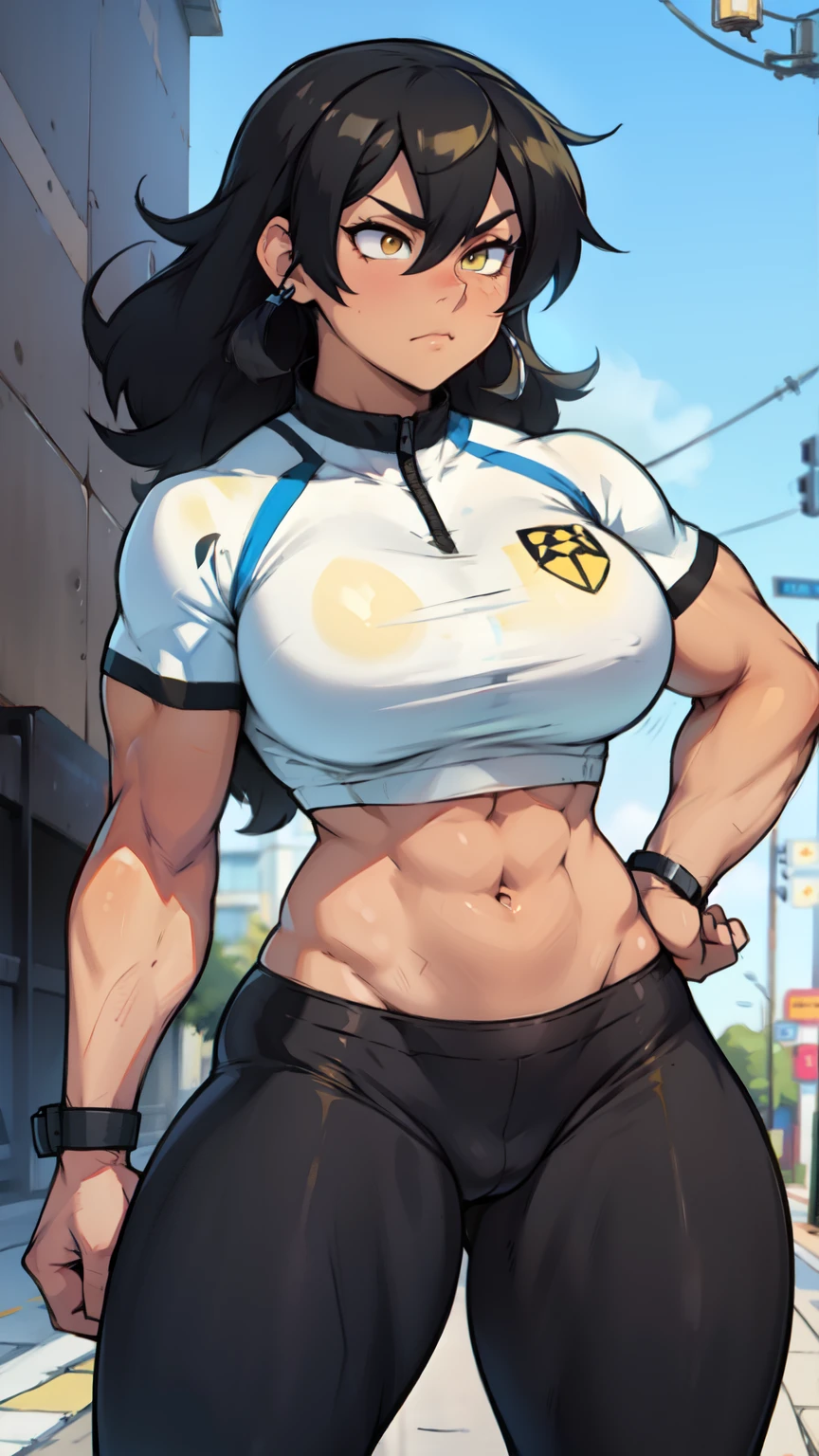 muscular girl thick breasts black hair yellow eyes pale skin best quality sad frown leggings