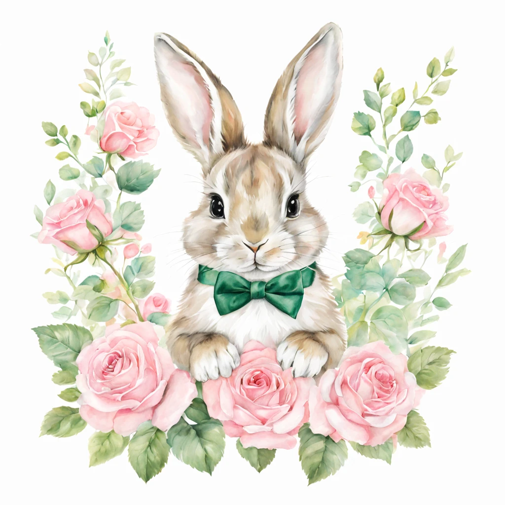 Beautiful cute baby bunny holding a bouquet of pink roses in her paws, bow tie, floral garden, beautiful, baroque, ultra realistic, realistic watercolor+pencil, abstract background, filigree, high octane, green, grey, emerald, gold, minty