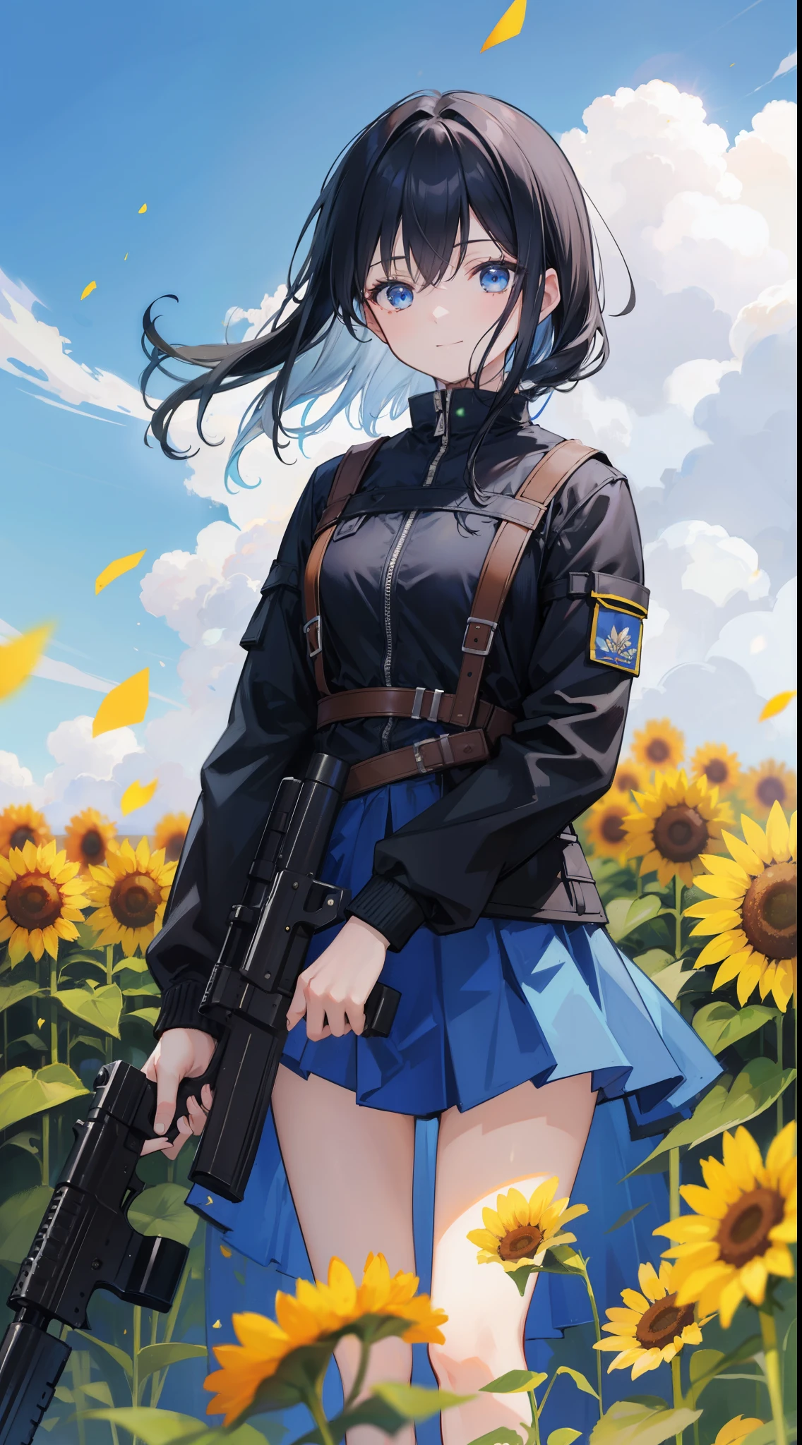 32k, 1girl, solo, looking at viewer, smile, bangs, blue eyes, skirt, black hair, long sleeves, holding, hair between eyes, closed mouth, jacket, weapon, flower, outdoors, sky, day, cloud, chibi, holding weapon, blurry, blue sky, blue skirt, gun, petals, depth of field, blurry background, holding gun, rifle, yellow flower, sunflower, field, flower field,