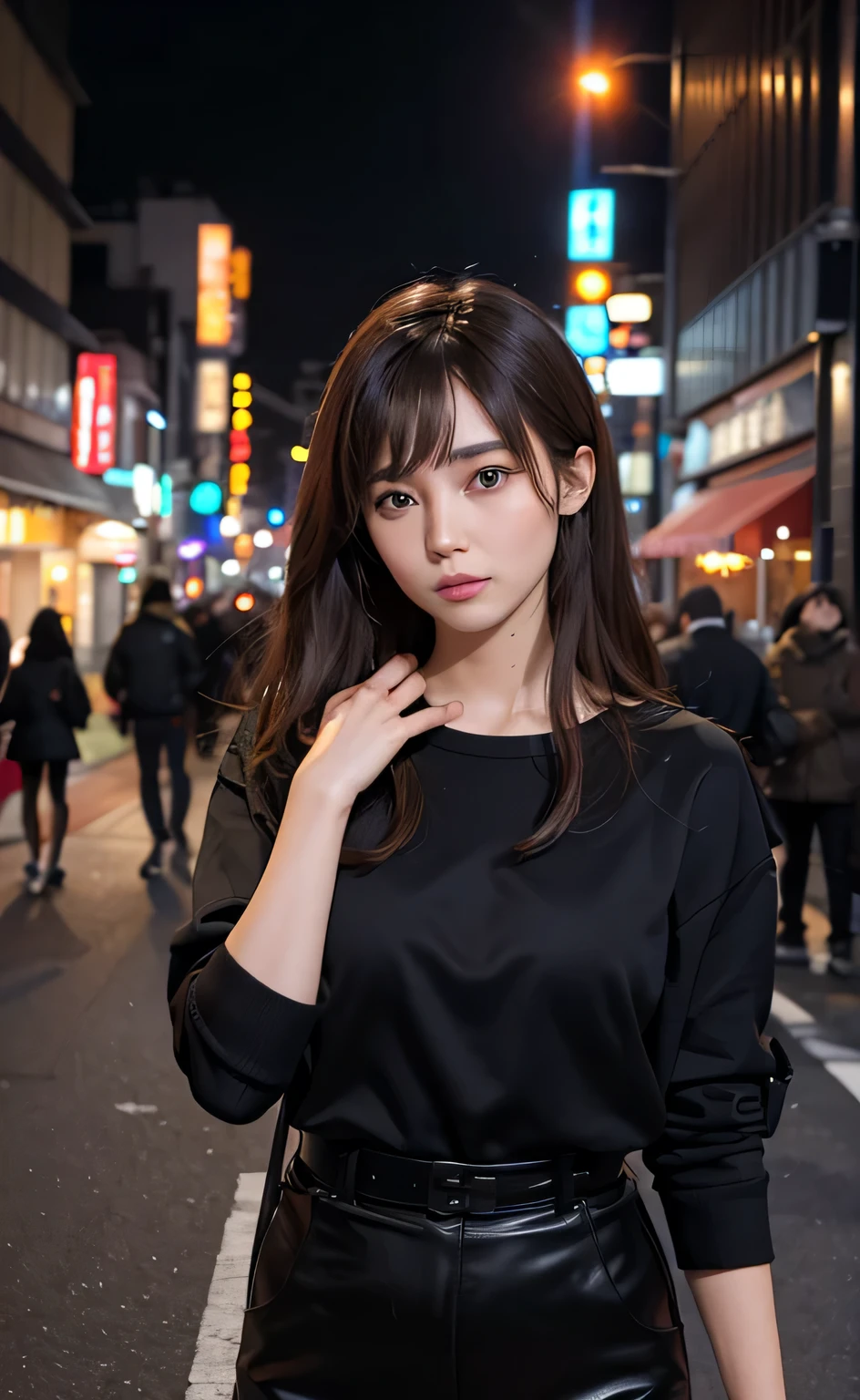 (highest quality,8K,masterpiece),
1 female, tokyo street,night, cityscape,city lights, Upper body,enlargement, 8 thousand, RAW photo,realistic, photo-realistic,parted bangs, long hair,