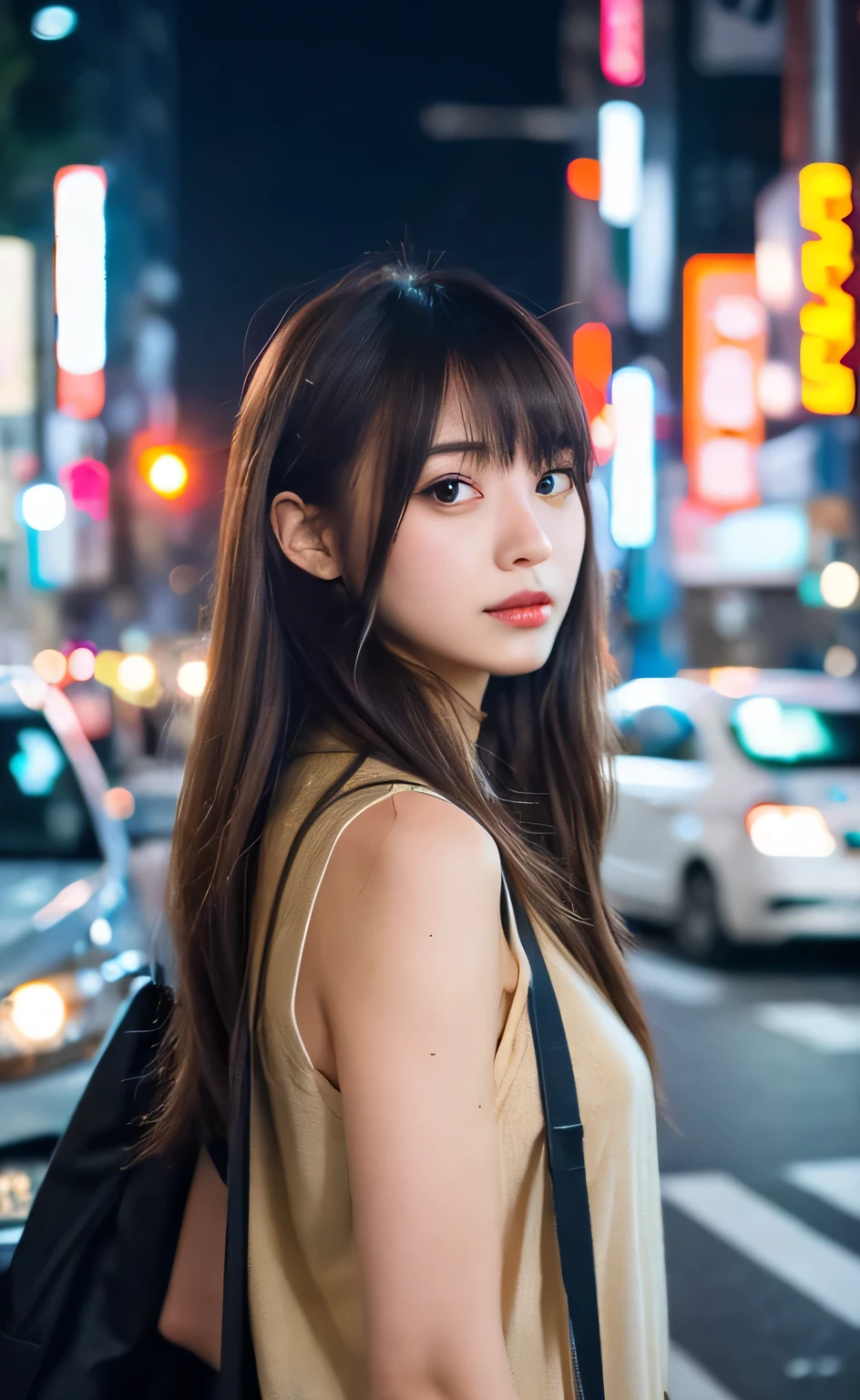(highest quality,8K,masterpiece),
1 female, tokyo street,night, cityscape,city lights, Upper body,enlargement, 8 thousand, RAW photo,realistic, photo-realistic,parted bangs, long hair,