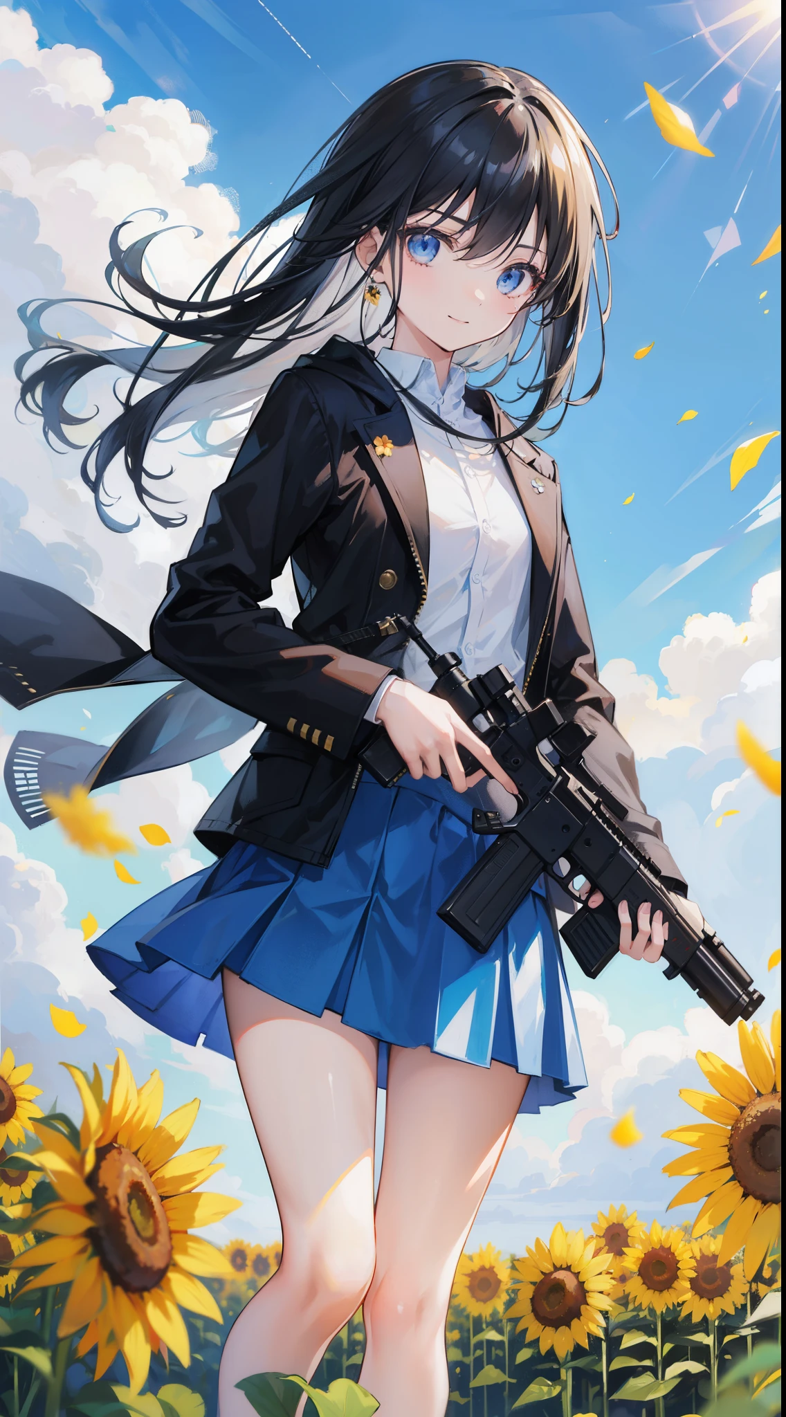 32k, 1girl, solo, looking at viewer, smile, bangs, blue eyes, skirt, black hair, long sleeves, holding, hair between eyes, closed mouth, jacket, weapon, flower, outdoors, sky, day, cloud, chibi, holding weapon, blurry, blue sky, blue skirt, gun, petals, depth of field, blurry background, holding gun, rifle, yellow flower, sunflower, field, flower field,