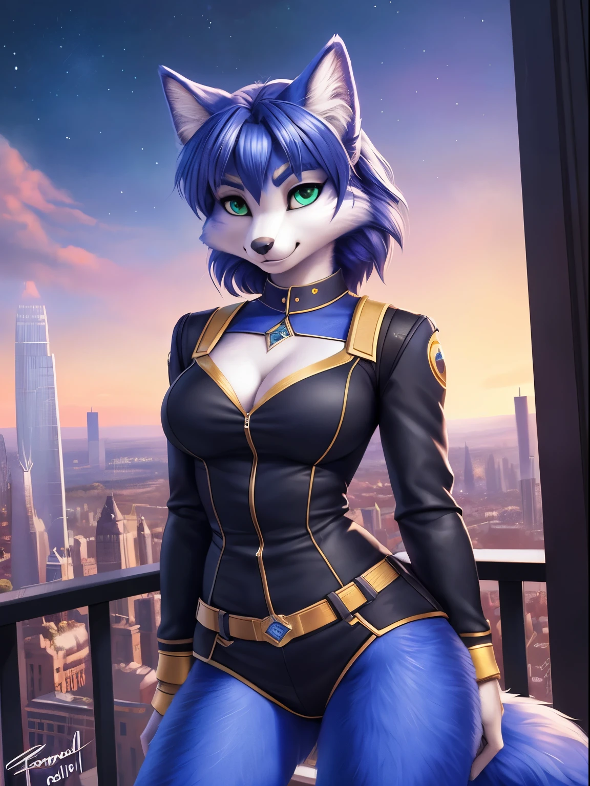 By iskra, by wolfy-nail, by Personalami, Krystal, Star Fox, female, (detailed), view of the viewer, fluffy, solo, 1 girl, high resolution, photorealistic, green eyes, ((clear structural details)), detailed realism, slim, soft, 4k, excellent quality, high details, (seductive), detailed fur, in the city, dressed like a detective, futuristic metropolitan cuty with endless skyscrapers,
