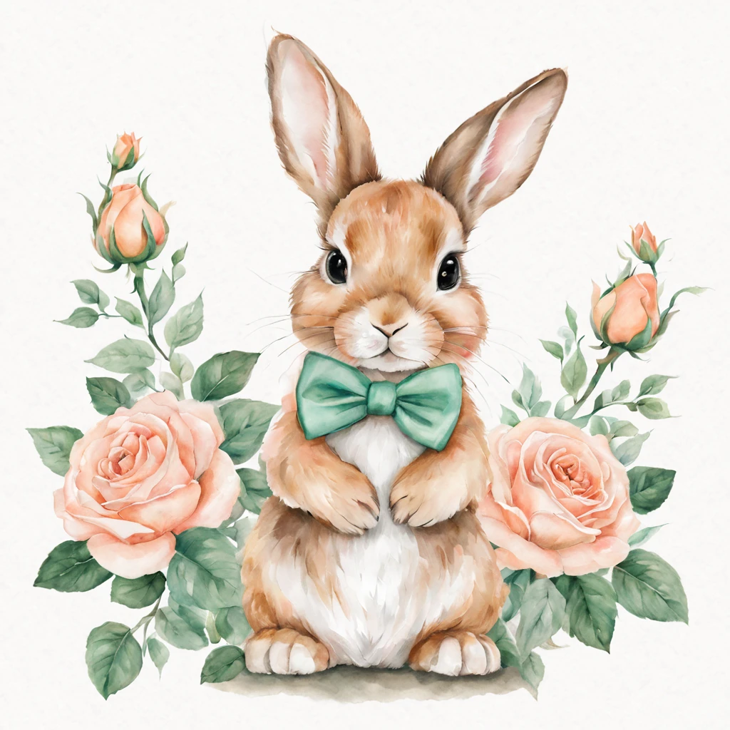 Beautiful cute baby bunny holding a bouquet of peach roses in her paws, bow tie, floral garden, beautiful, ultra realistic, realistic watercolor+pencil, abstract background, filigree, high octane, green, grey, emerald, gold, minty