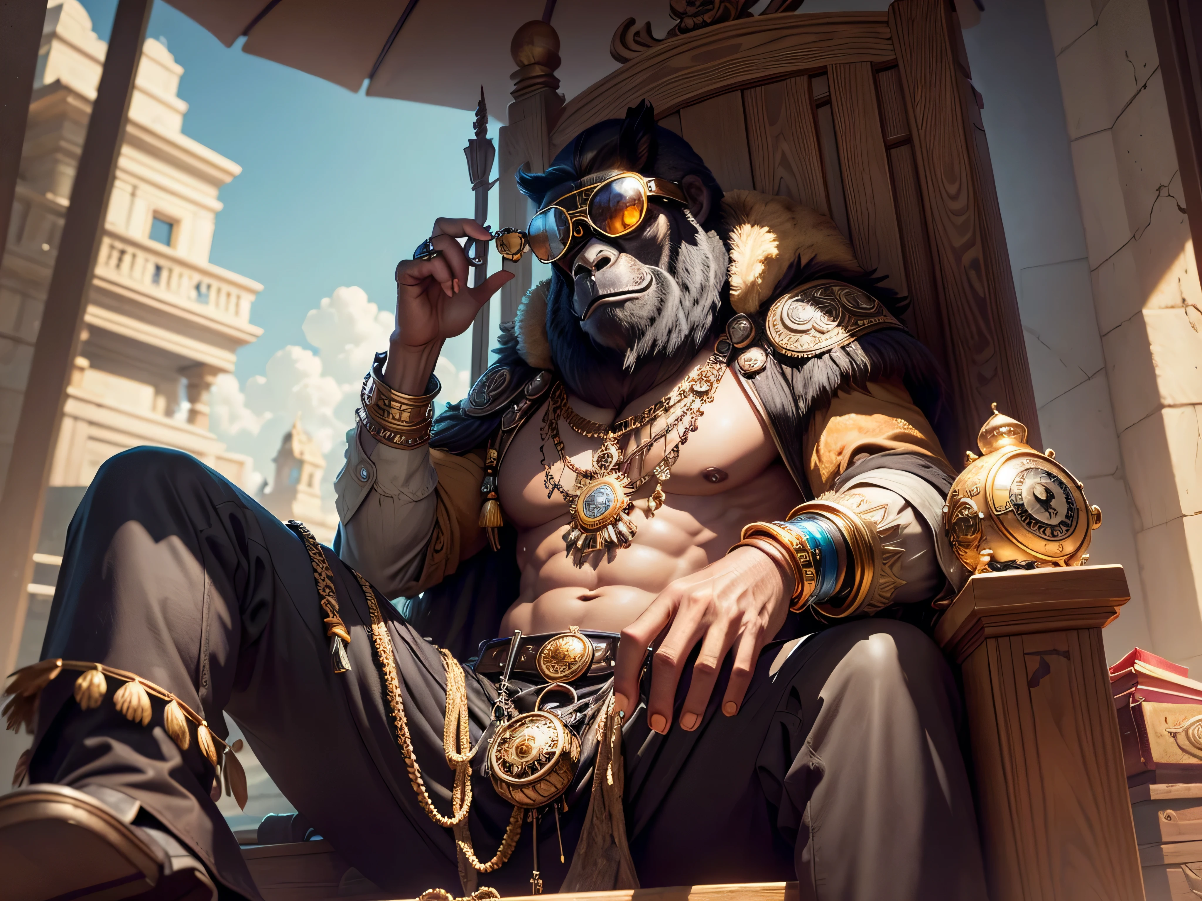 masterpiece, best quality, photo realistic ,fashionmonkey, gorilla, eye wear on head, gears, gem, goggles , gold, jewelry, magic circle,male_focus, owl, pants, shoes, sunglasses, tassel, throne,