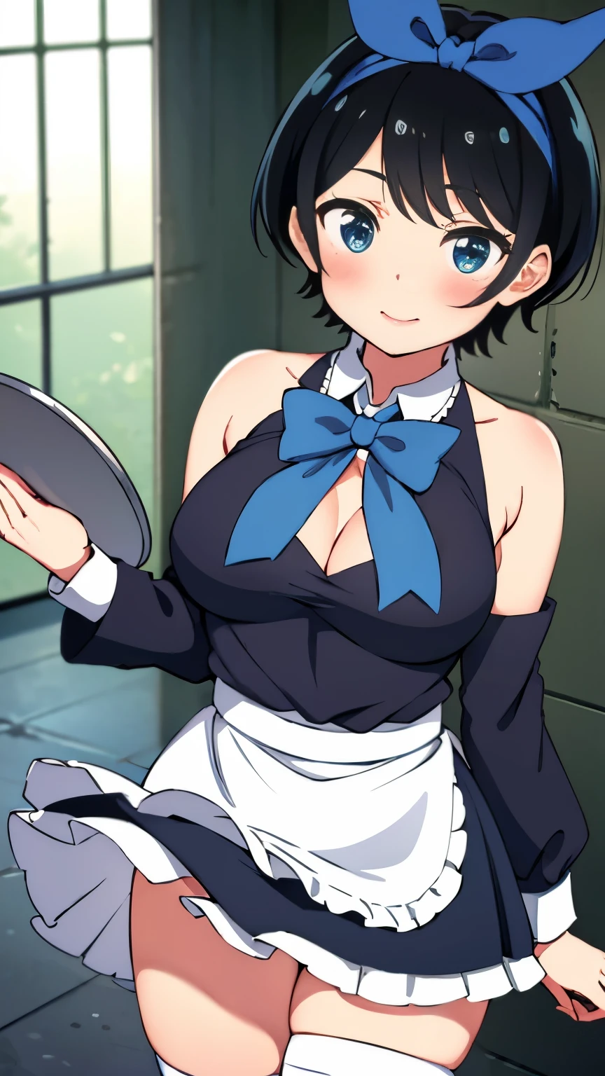 Main piece、high quality、High resolution、1 girl,single, Ruka Sarashina、jewelry、skirt、Maid uniform that exposes the breasts、Japan maid café、black hairの女性、short hair、black hair、black pantyhose, blue eyes, long sleeve, blue hair band, bangs, big full breast, cleavage, Medium waist, medium hips, wide thighs, Cowboy photos, smile, fascinating, embarrassing, blush、lots of people, looking at the viewer,From above、high angle,very big breasts、cleavage、no bra、no panties、no panties、非常に短いskirt、nipple、nippleを出す、nippleからミルクが吹き出す、nippleからミルクが滴る、whole body、whole photo、put one&#39;s chest on a tray、put one&#39;s chest on a tray