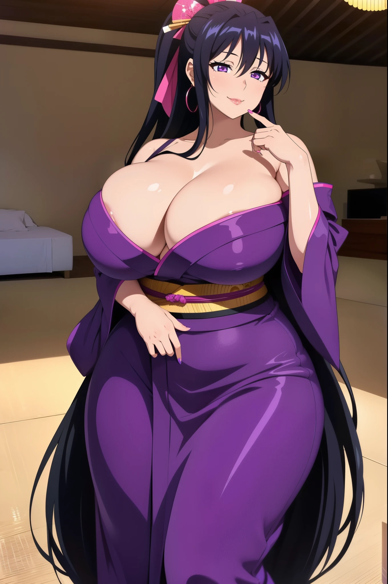 Masterpiece, high resolution, beautiful detailed face, Akeno Himejima, 1girl, (((bimbo))), long black hair, purple eyes, ear rings, (((bimbo))), puffy lips, painted lips, erotic smile face, sexy face, thick lips, wide hips, thick thighs, huge round ass, enormous natural breasts, deep v bust, shiny oily breasts, white yukata, tall, revealing cleavage, close up, 