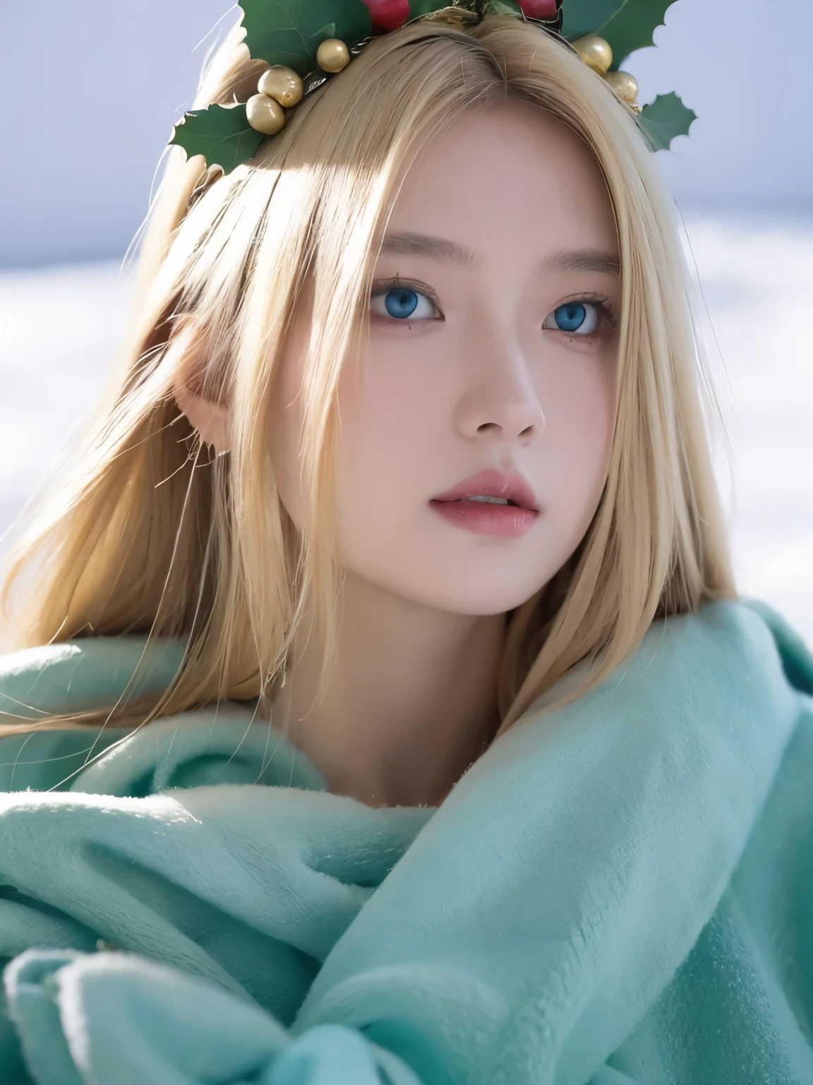 a beautiful empress portrait, blonde hair, Perfect blue eyes, with brilliant, Impossibly Eye-catching Big Christmas Headdress, Clothes Santa Claus Robe, everything Christmas, snow, Symmetrical, dramatic studio lighting, Rococo, Baroque, Green vegetables, Asian, Surrealism, close up, d&d, fantasy, complex, elegant, Very detailed, number, art station, octane rendering, 8k, concept art, matte, sharp focus