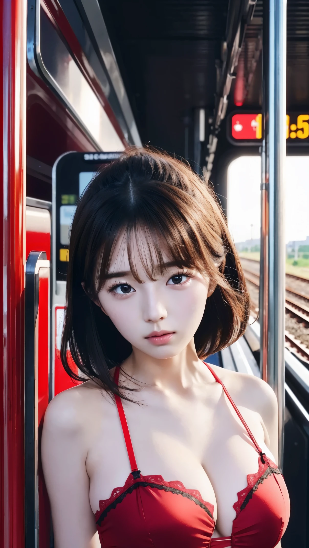 realistic photos of (1 cute Korean star) flipped hair, thin makeup, big breasts size, extreme micro bunny theme red lingerie together with extreme micro bunny theme red G-string, at the train station, clear facial features of Canon EOS, 16k, high resolution, sharp and realistic details, overexposure, cut-in, UHD, highres, best quality