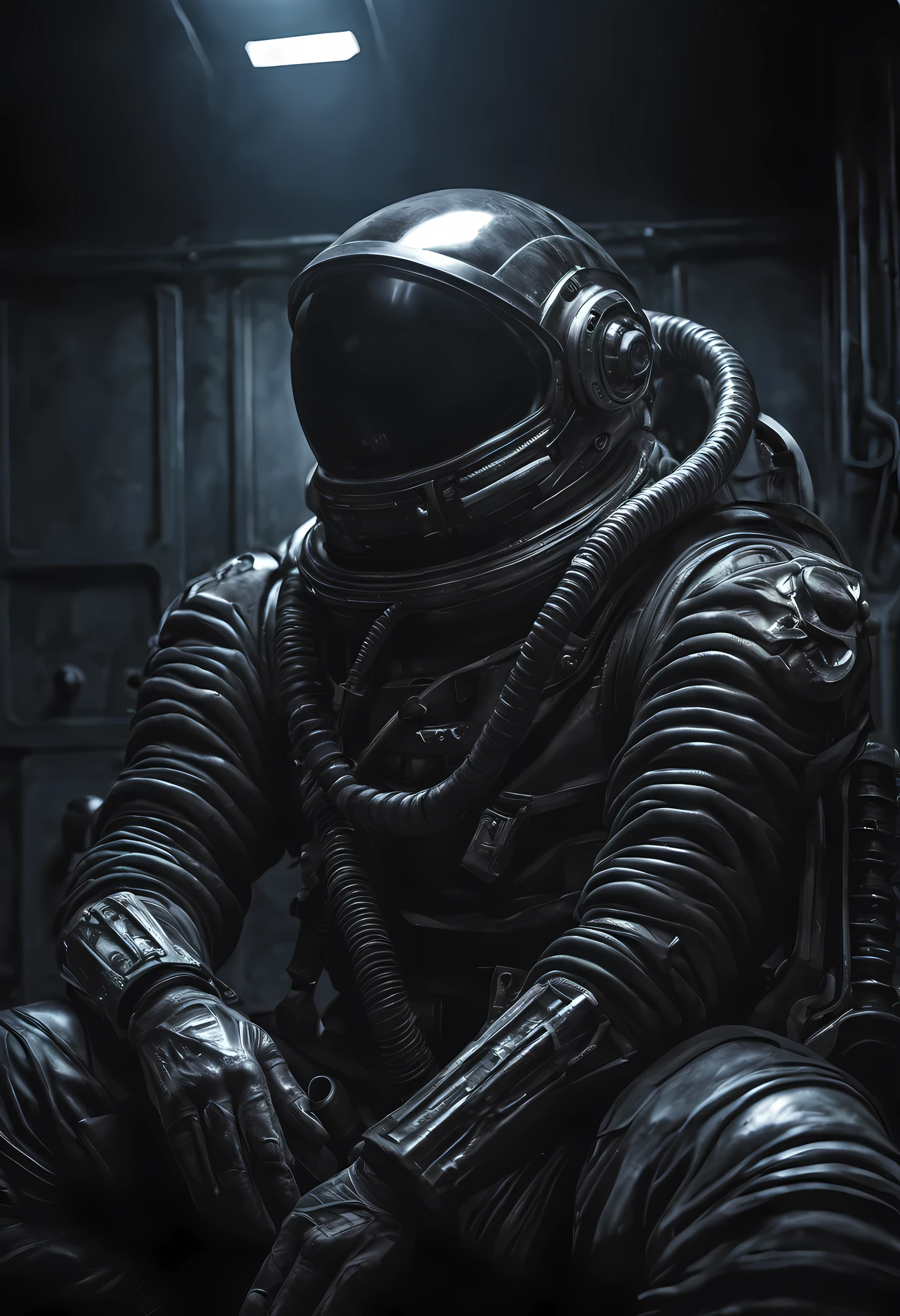  astronaut in a xenomorphic biosuit without a helmet, look with arrogance,  concentrated faces, blasters in hands, night, Moonlight, intense shadows, dark epic, tense postures, Art in the style of Hans Giger, masterpiece, hyperrealistic oil painting, intense glare, dark shadows, hyperrealistic, masterpiece, 8K,