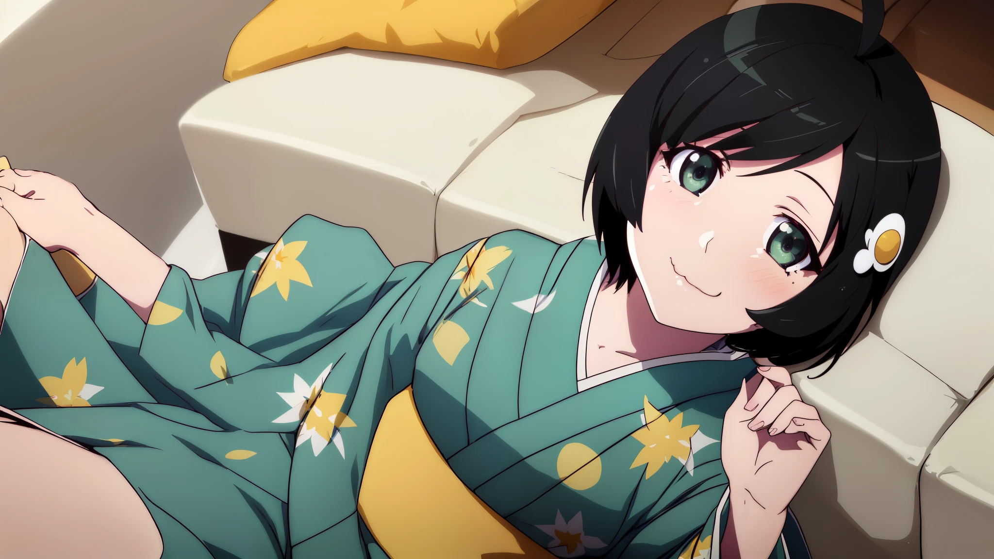 master piece, best quality, ultra high resolution, highest quality, anime style, best writing, beautiful face, (1 girl:1.3), alone, looking at the viewer, 
Araragi Tsukihi, short hair, (green kimono:1.3), hair ornaments, green kimono,  (Yellow band:1.3), Ahoge, egg hair ornaments,
smile, :3, (lying in a sofa:1.3), extreme close up