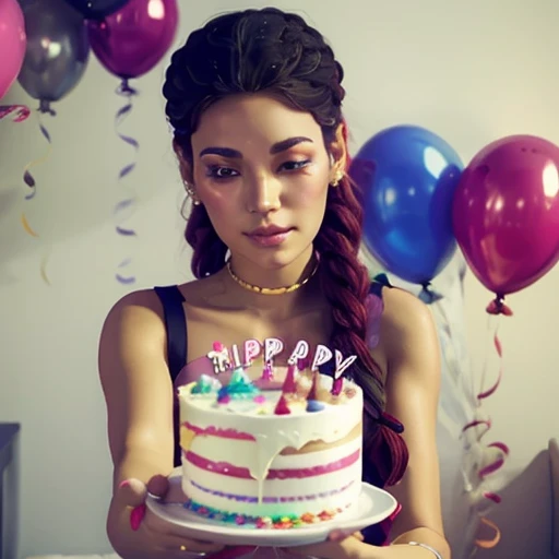 Holding birthday cake ,looking at view