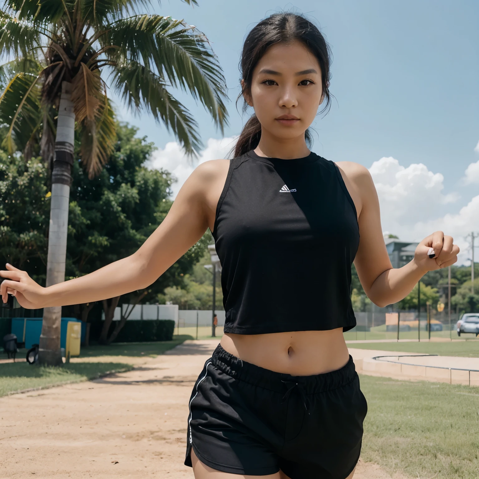 Brazilian woman, of Korean descent, determined and content, slim, curvy, fair skin, young adult, black clothing, black cropped shirt, black running shorts, Afga Vista 400, 4k, Sports park, bright sunlight, Highlight energy and vitality of the scene