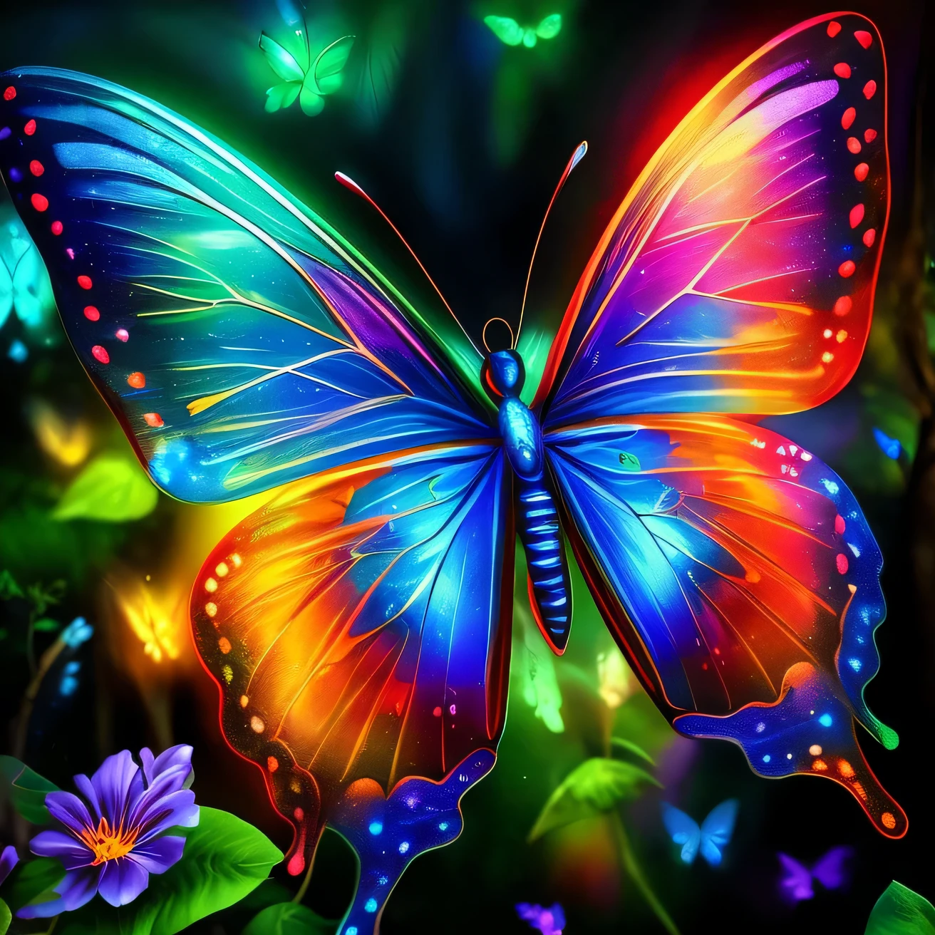(masterpiece, best quality), glass butterfly, on neon flower in enchanted forest, ultra detailed, realistic, ral-dissolve, vivid colors, volumetric lighting, bright, beautiful digital artwork, gorgeous, colorful hd picure, fantasy art, harmonious, stunning, 4k, high res,